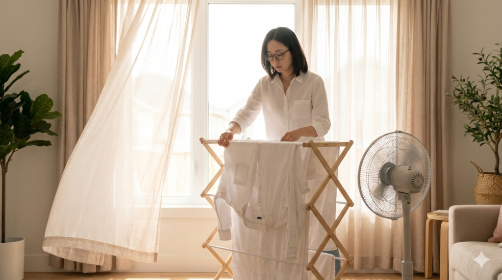 빨래 건조대에 널린 옷들, 빨래 냄새 제거를 위한 A자 건조법과 통풍이 잘 되는 건조대 배치
