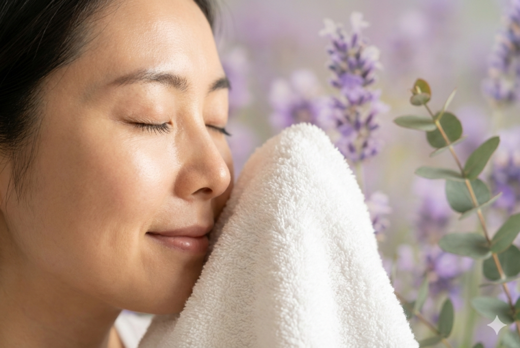 뽀송한 수건 냄새를 맡는 모습, 세탁조 청소와 천연 에센셜 오일로 완성한 상쾌하고 우아한 겨울 빨래