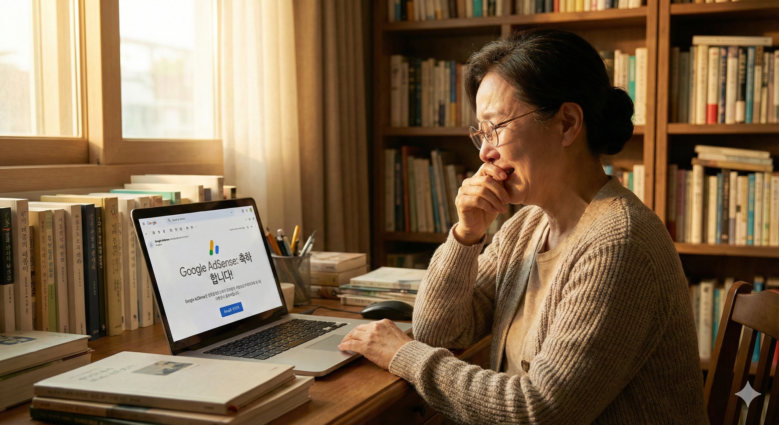 60대 한국인 중년 여성이 노트북으로 애드센스 승인 메일을 확인하며 감격하는 순간.