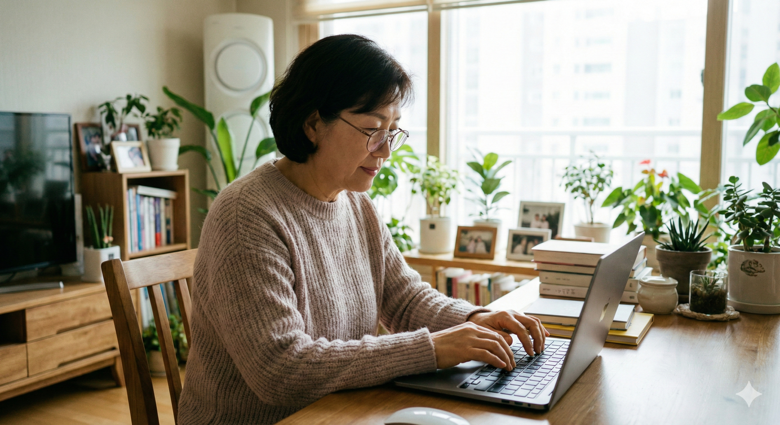 꾸준한 블로그 포스팅을 애드센스 승인을 위해 거실에서 집중하여 글을 쓰고 있는 60대 한국인 여성