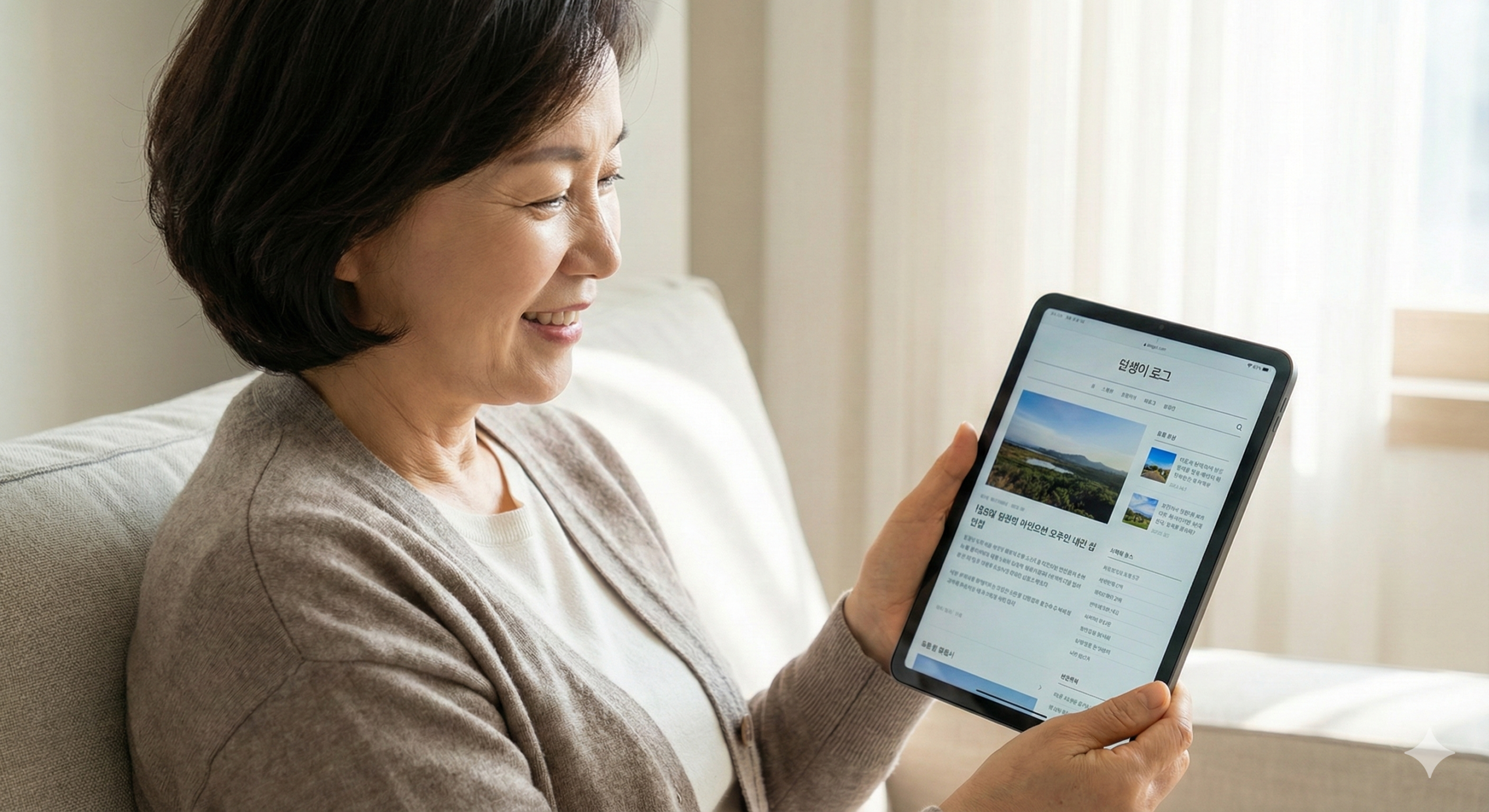 가독성 높게 잘 정리된 자신의 블로그 화면을 보며 미소 짓는 한국인 중년 여성