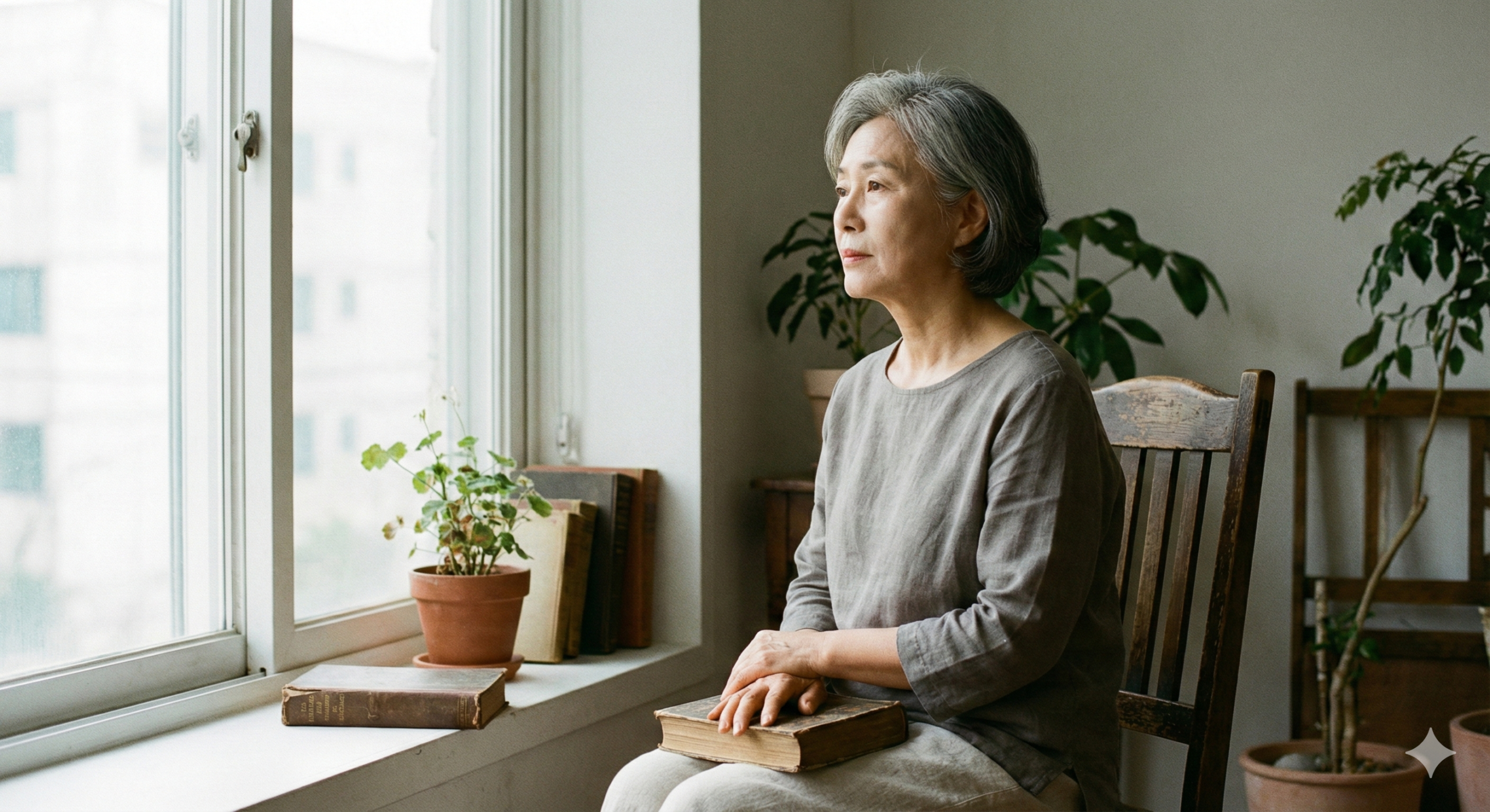 블로그 글쓰기를 한 후 창가에 앉아 사색에 잠긴 60대 한국인 여성의 정직하고 깊이 있는 모습