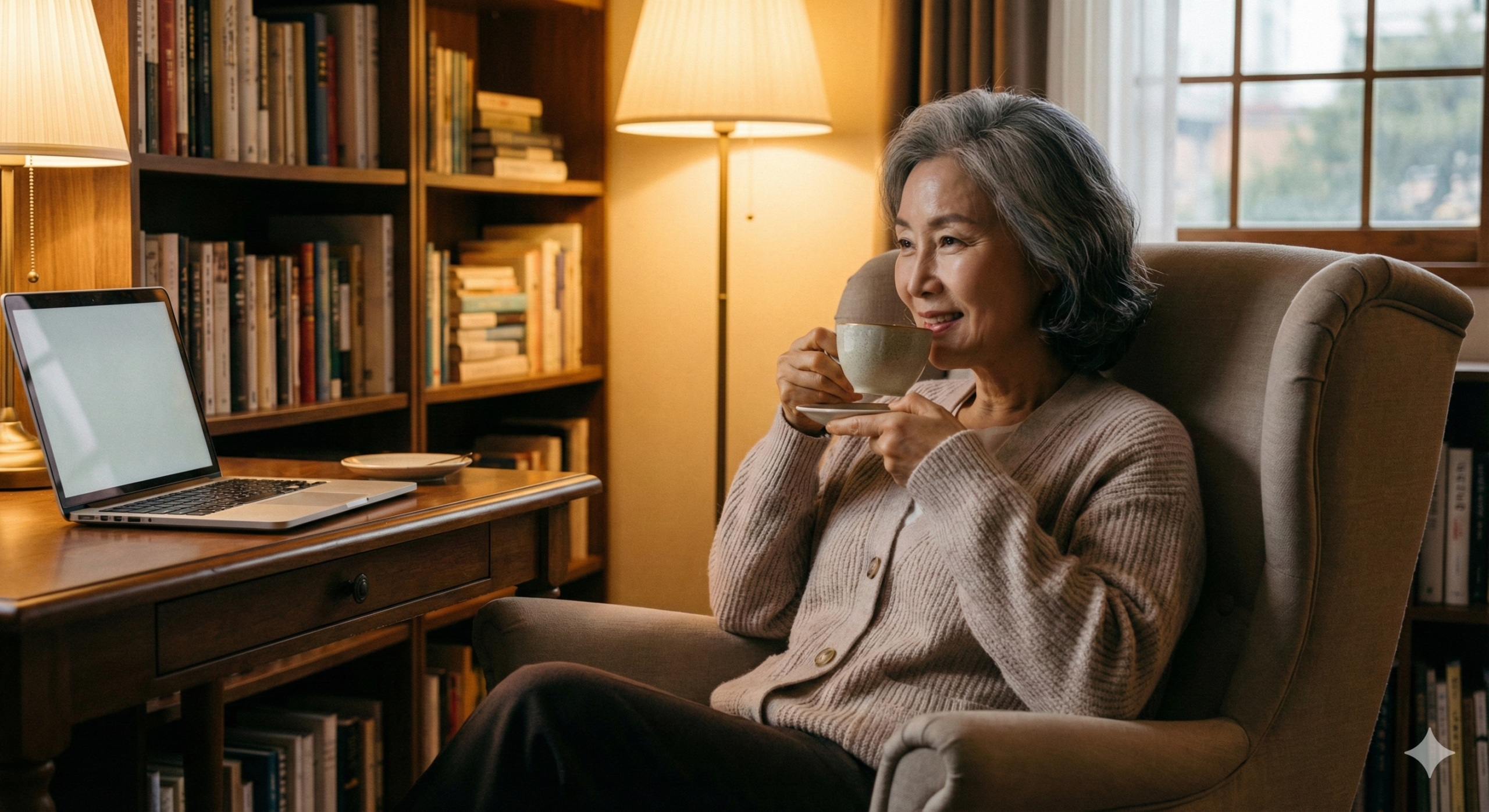 블로그 기록을 통해 가꾼 자신만의 서재에서 차를 마시며 평온을 즐기는 한국인 중년 여성