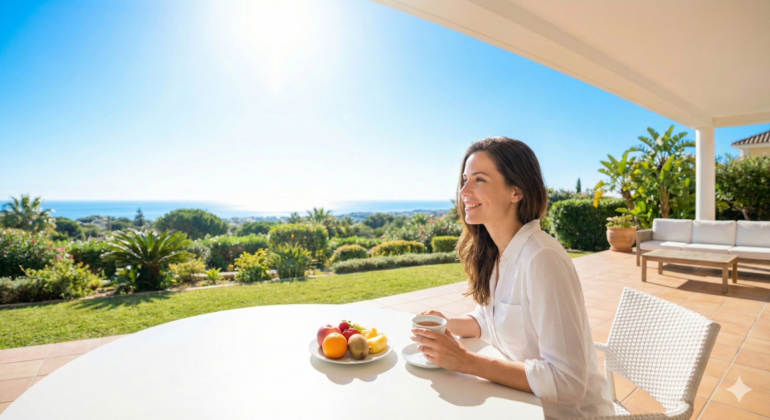햇살이 쏟아지는 야외 테라스에서 지적이고 아름다운 여성이 역류성 식도염 예방에 좋은 음식을 두고 편안하게 앉아 탁 트인 정원을 바라보는 모습. 밝고 환한 분위기로 '해방된 속 편한 일상'을 상징합니다.