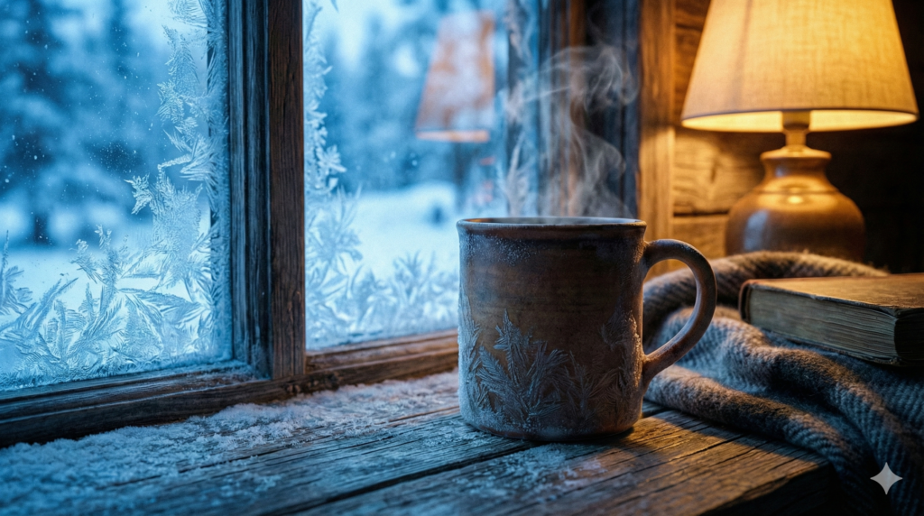 차가운 겨울 창가에 놓인 따뜻한 머그잔과 서리 낀 유리창, 내면의 온기를 되찾는 사색의 시간과 위로