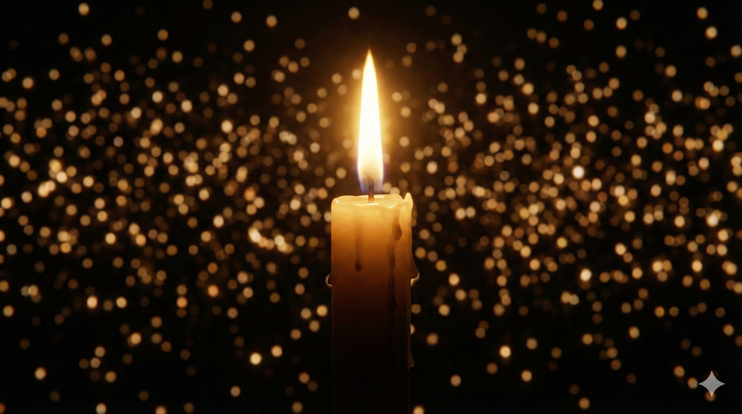 칠흑 같은 어둠을 밝히는 촛불 하나와 배경의 은은한 불빛, 겨울의 문턱에서 시련을 함께 이겨내는 연대와 희망의 상징