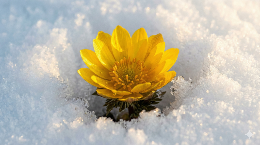하얀 눈 속을 뚫고 피어난 노란 복수초, 얼어붙은 땅에서 생명을 틔우는 강인한 의지와 다가올 봄에 대한 약속