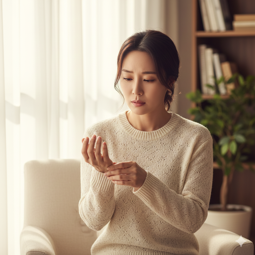 만성 염증으로 이유 없는 통증에 자신의 손목을 살피며 건강을 걱정하는 지적인 여성 모델