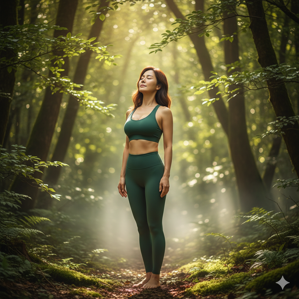 숲속에서 깊은 호흡을 하며 몸속 염증을 비워내는 명상 중인 여성 모델