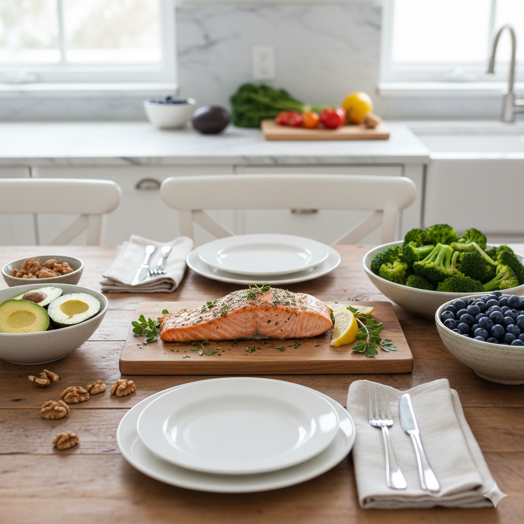 만성 염증을 잡는 신선한 항염 식품들이 가득 차려진 식탁