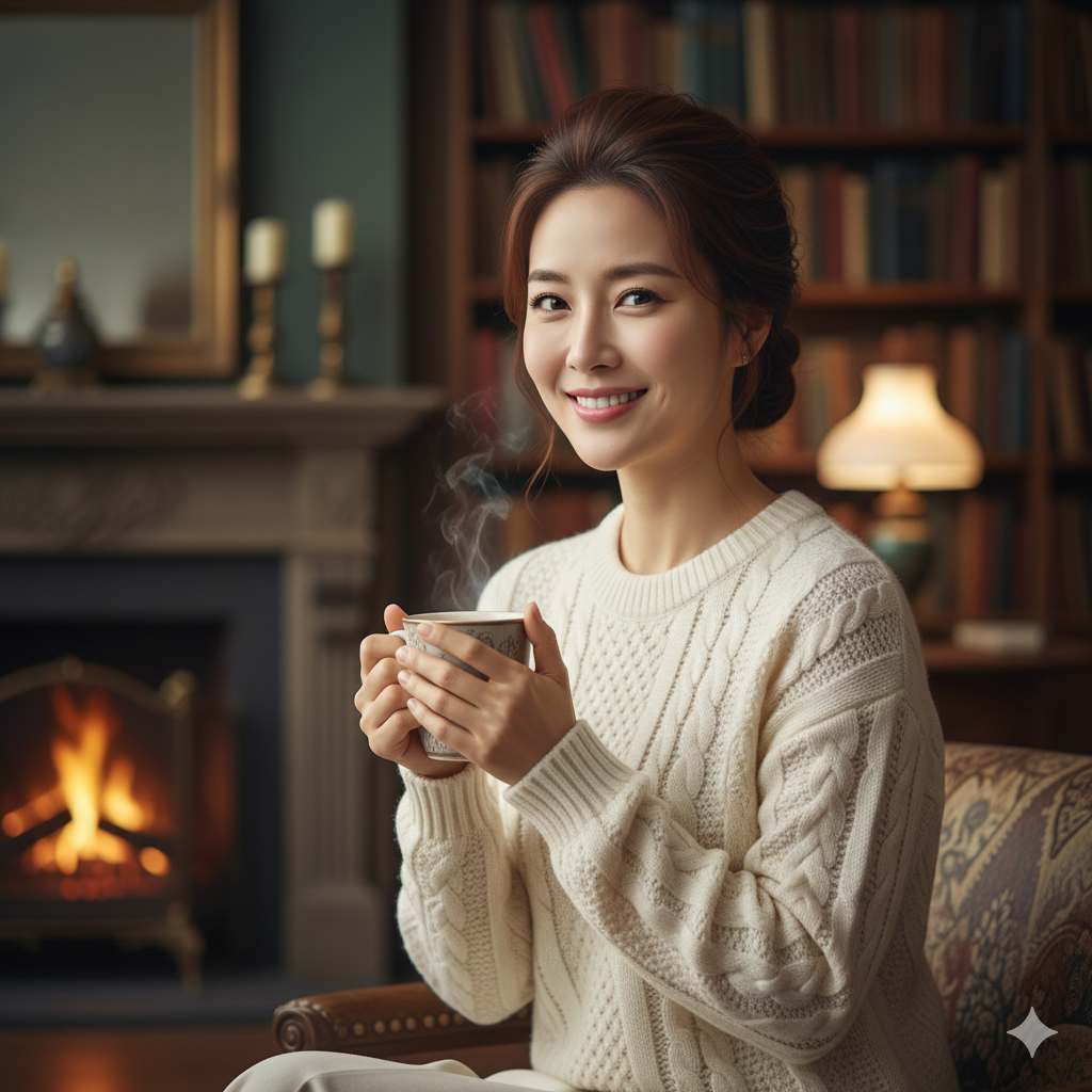 따뜻한 차 한 잔과 함께 여유를 즐기며 만성 염증으로부터 건강을 회복한 여성 모델