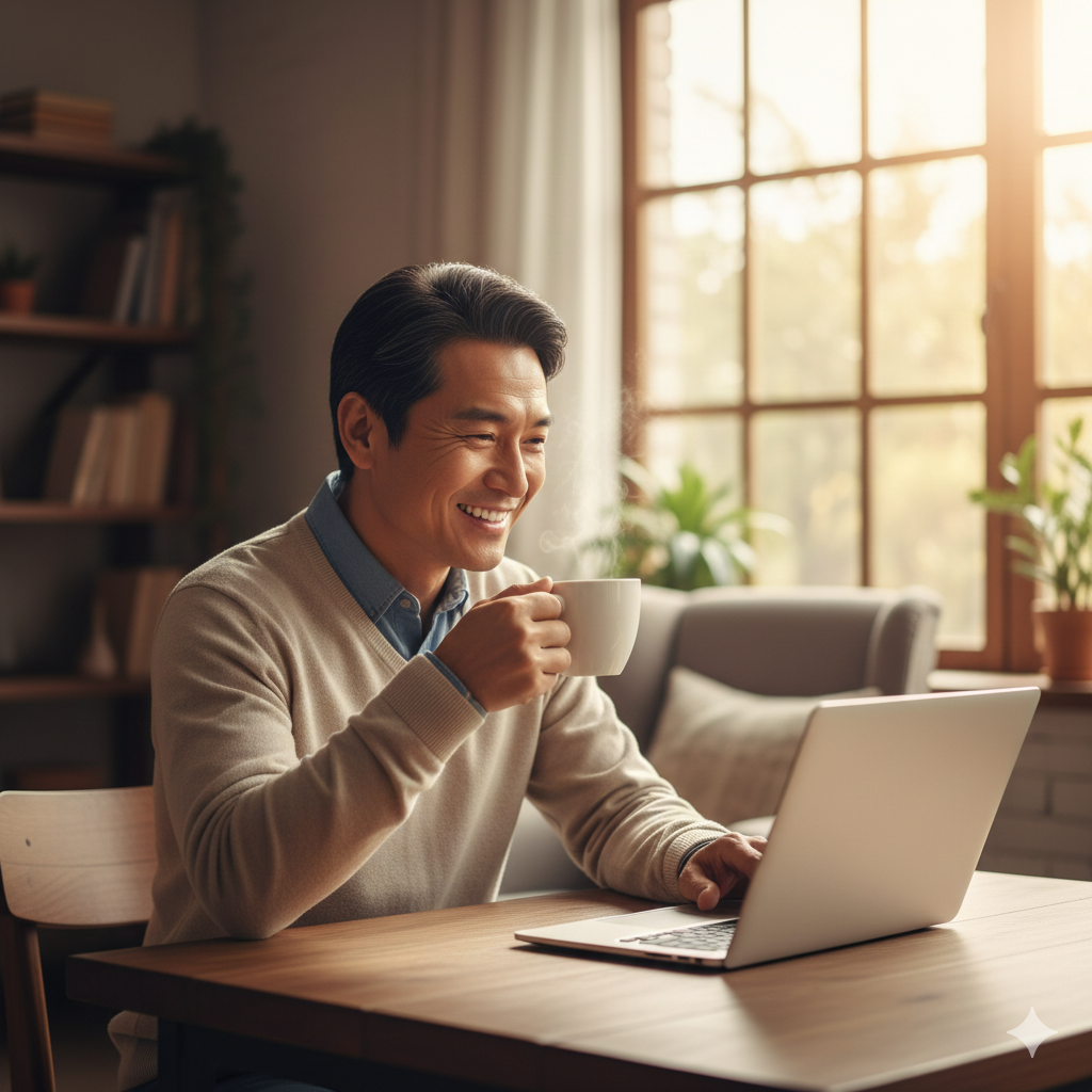 노트북을 켜고 건강 블로그로 수익을 확인하며 환하게 웃는 60대 중년의 여유로운 모습