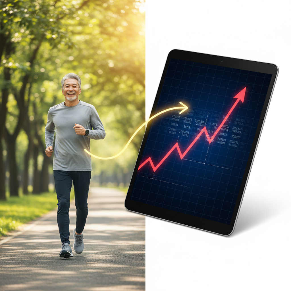 운동하는 건강한 모습과 상승하는 수익 그래프가 조화된 이미지