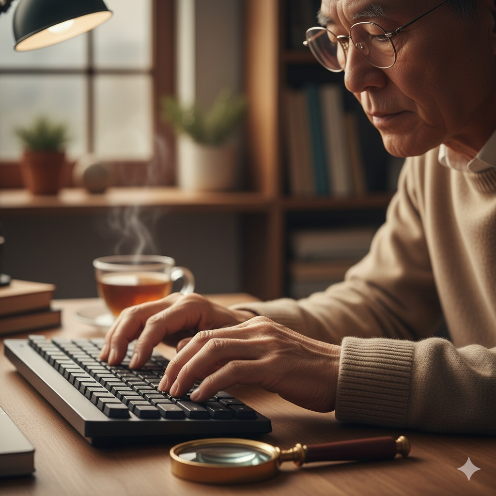 돋보기를 끼고 신중하게 키보드를 두드리며 블로그 글을 쓰는 중년의 손