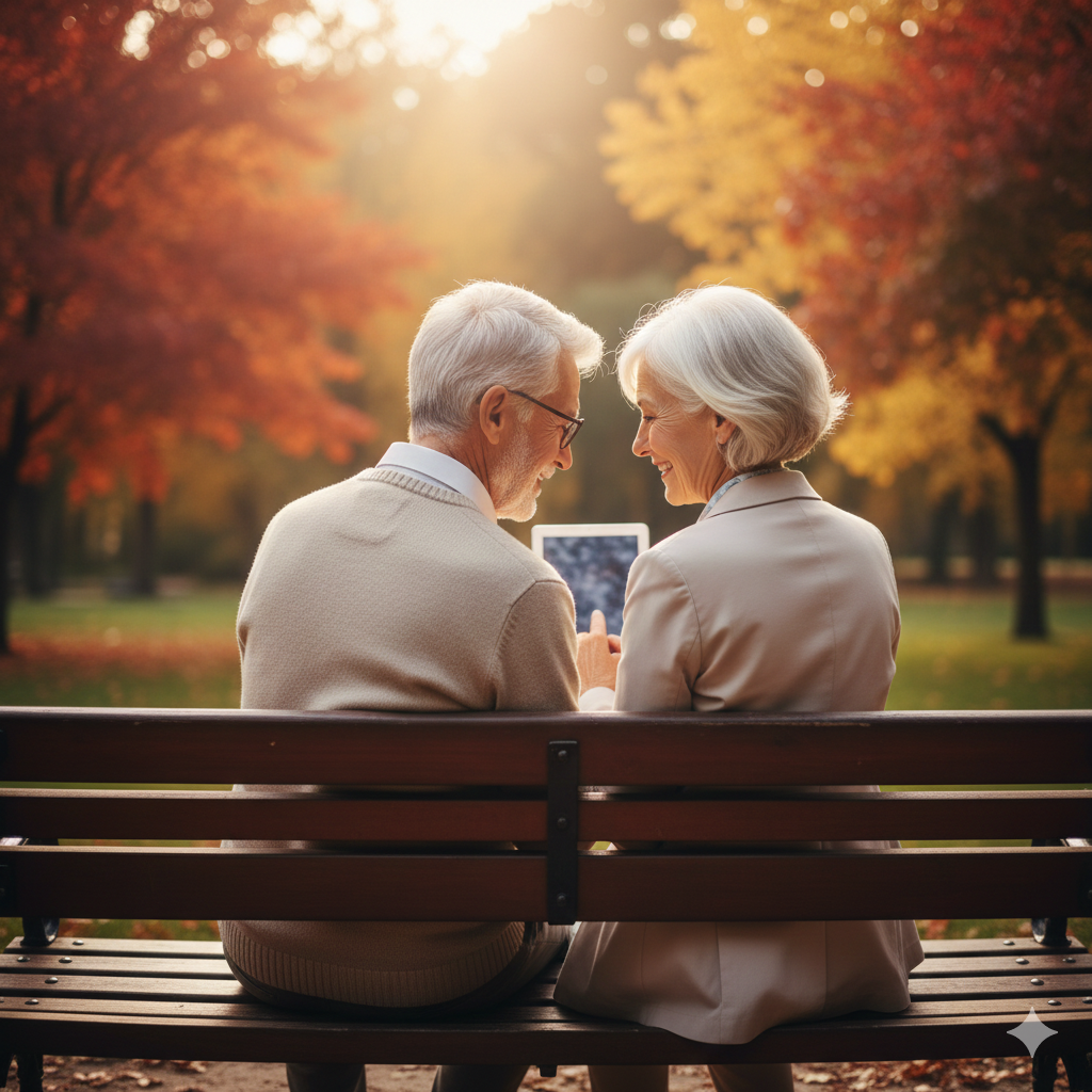 공원 벤치에서 태블릿을 보며 행복한 노후를 즐기는 부부의 뒷모습