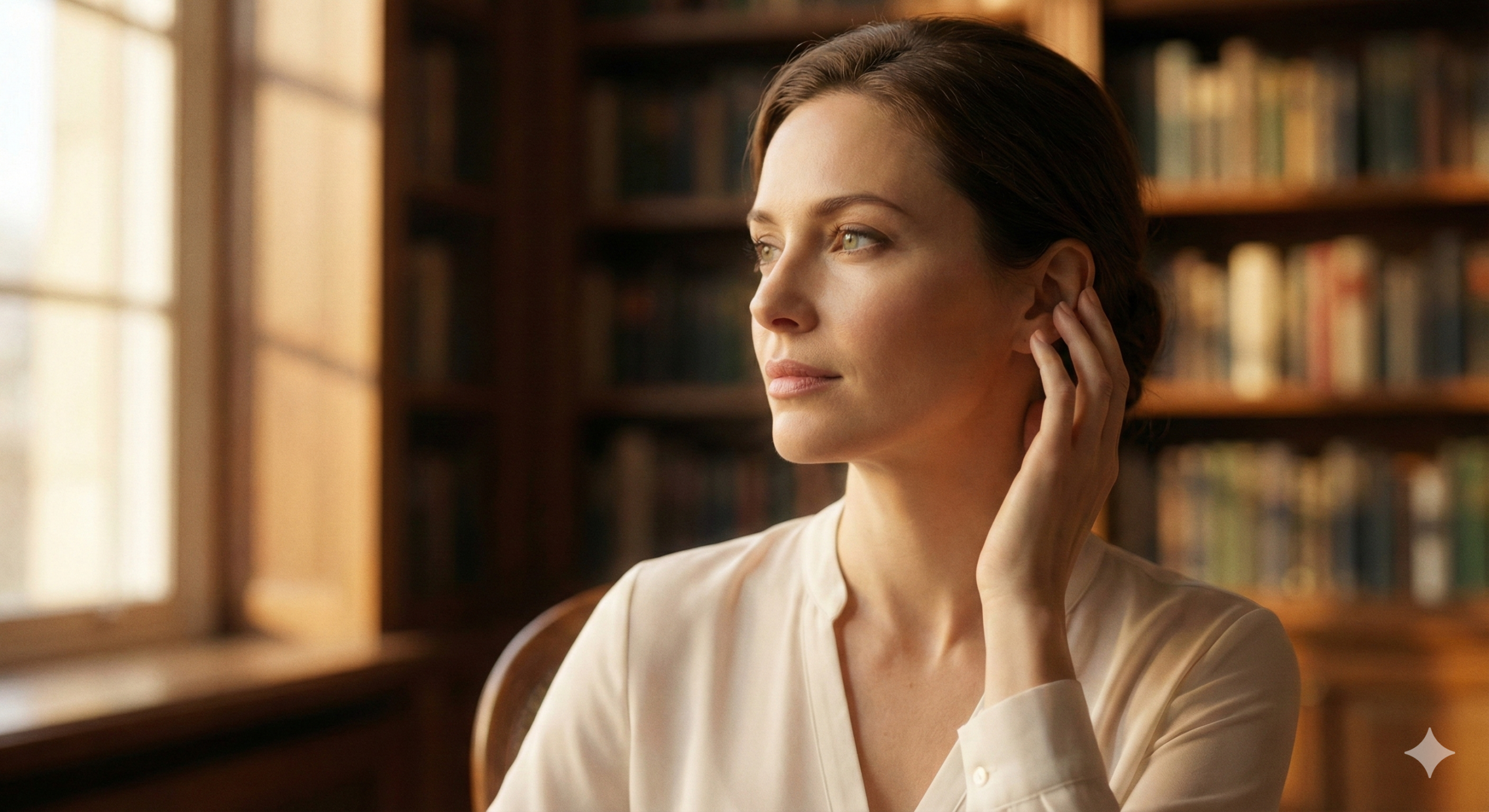 고요한 서재에서 이명 예방과 평화를 생각하는 지적인 여성의 모습