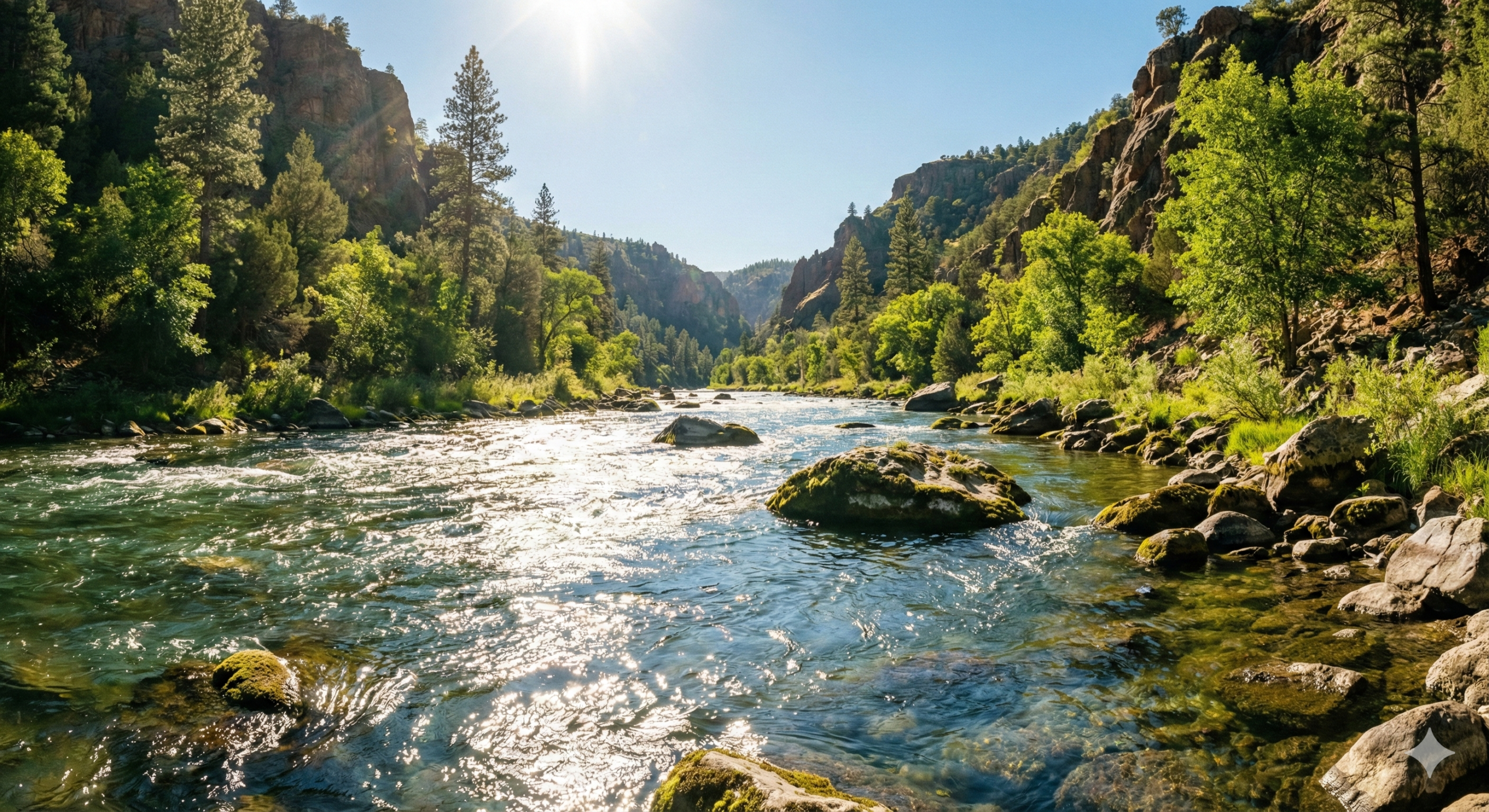 햇살을 받으며 힘차게 흐르는 맑은 강물, 전립선 건강을 의미하는 원활한 혈액순환과 전립선 건강을 은유.