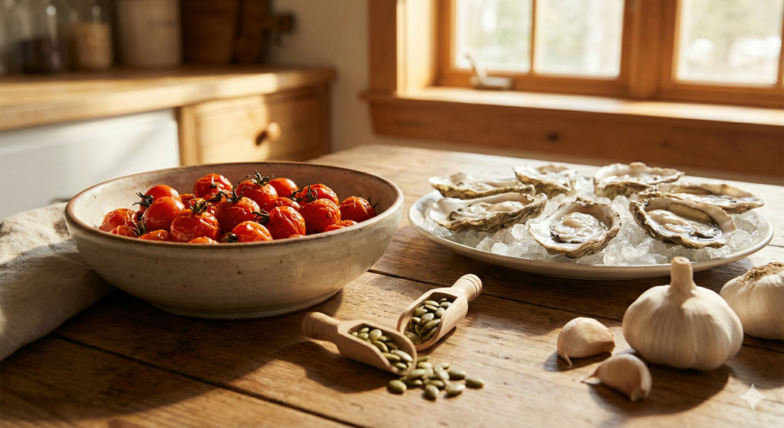토마토와 굴 등 전립선 건강에 좋은 음식들이 정갈하게 차려진 식탁