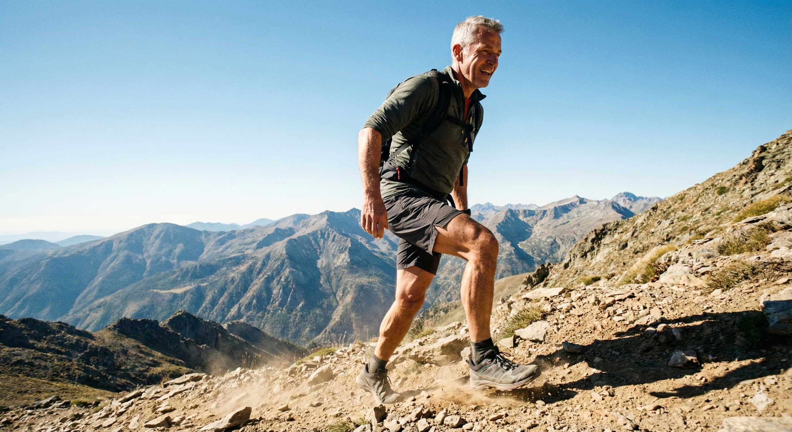 전립선 건강을 위하여 산길을 힘차게 걸으며 하체 근력을 키우는 건강한 중년 남성