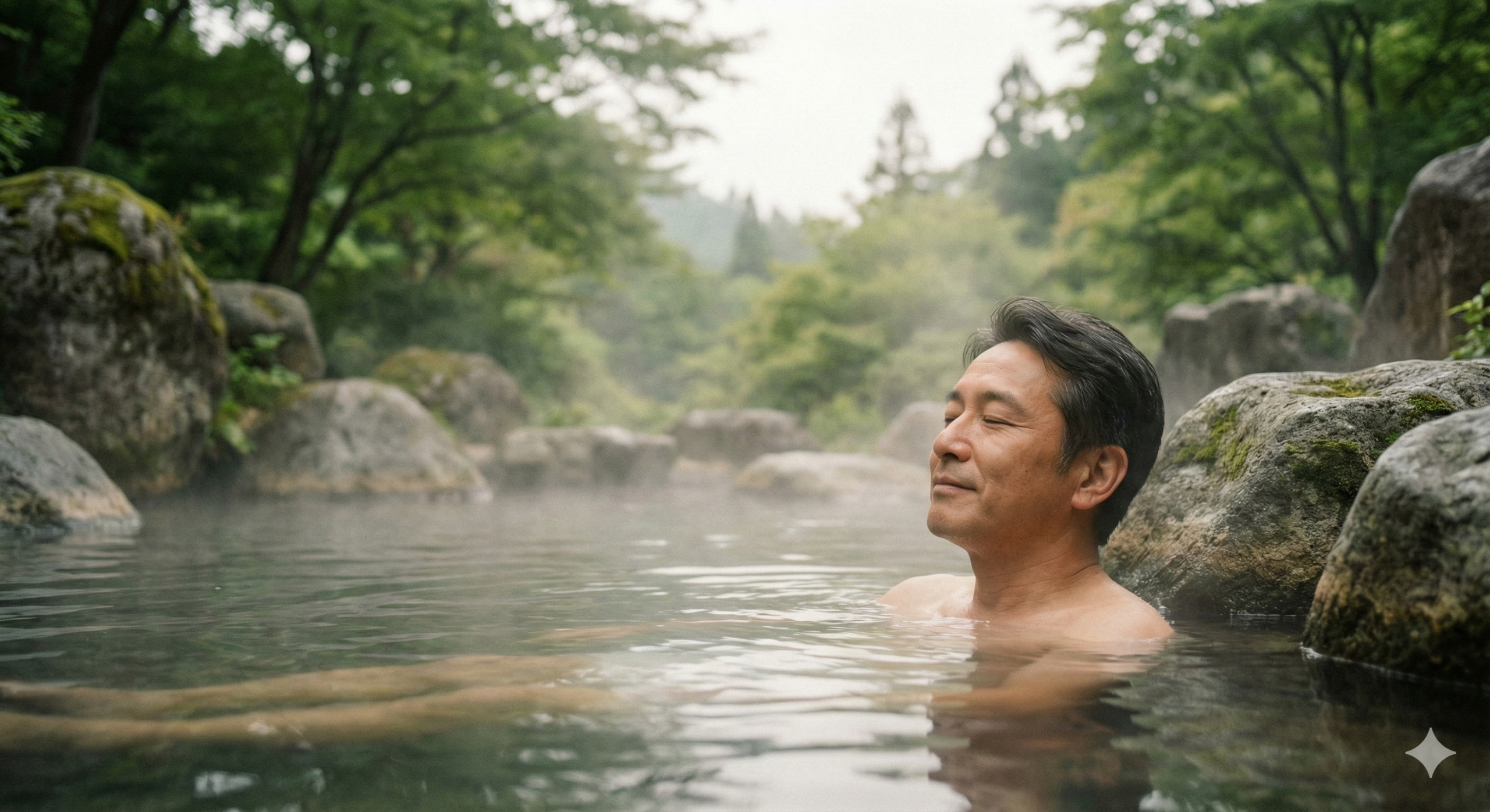 따뜻한 온천물에 몸을 담그고 평온하게 휴식을 취하며 치유를 경험하는 남성
