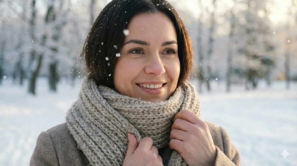 체온 1도를 올리기 위하여 두꺼운 목도리로 체온을 따뜻하게 보호하는 지적이고 아름다운 여성