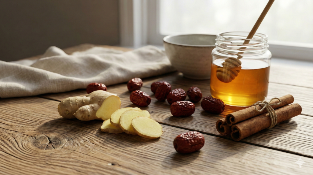 면역력에 좋은 계피, 생강, 꿀, 대추 등이 햇살이 드는 탁자 위에 있는 이미지.