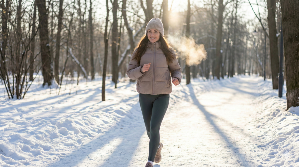 겨울철 내 몸을 지키는 가장 강력한 방어막인 '체온'을 지키는 생활을 위해 눈 내린 공원에서 걷기 운동중인 여성 이미지.