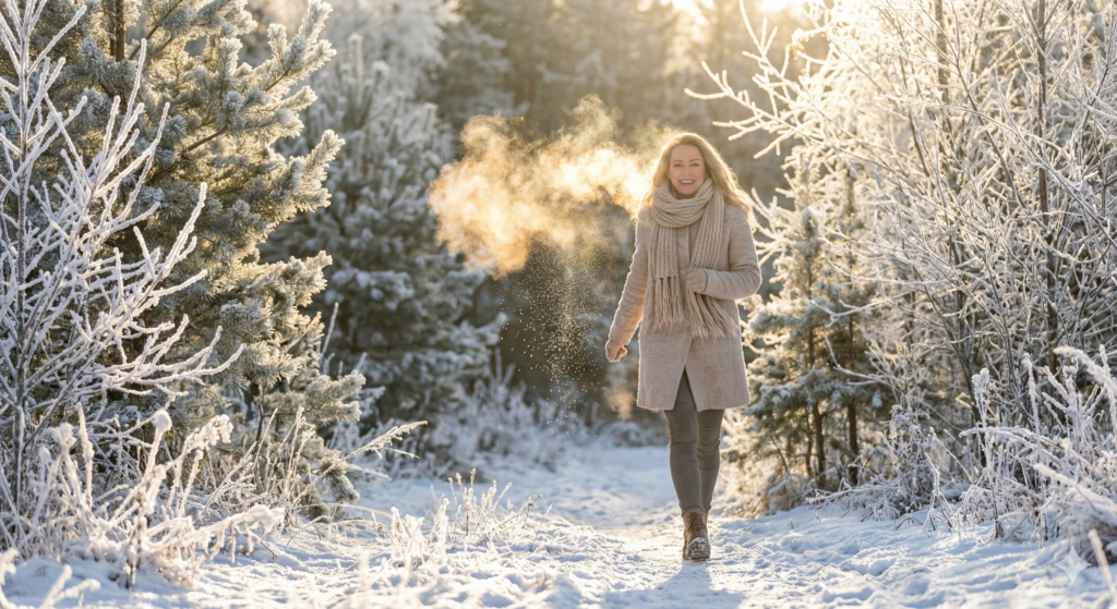 하얀 서리 꽃이 핀 숲길을 혈관 건강을 위해산책하며 활기차게 숨 쉬는 여성