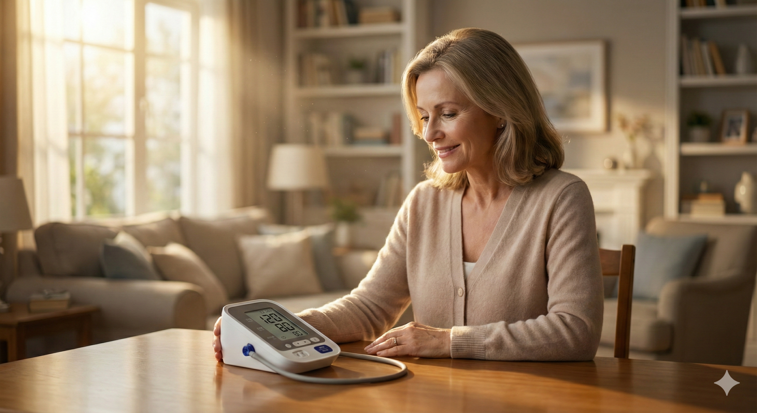 중년 혈압 관리를 위해 평온한 거실에서 혈압계를 확인하며 미소 짓는 지적인 여성 모델
