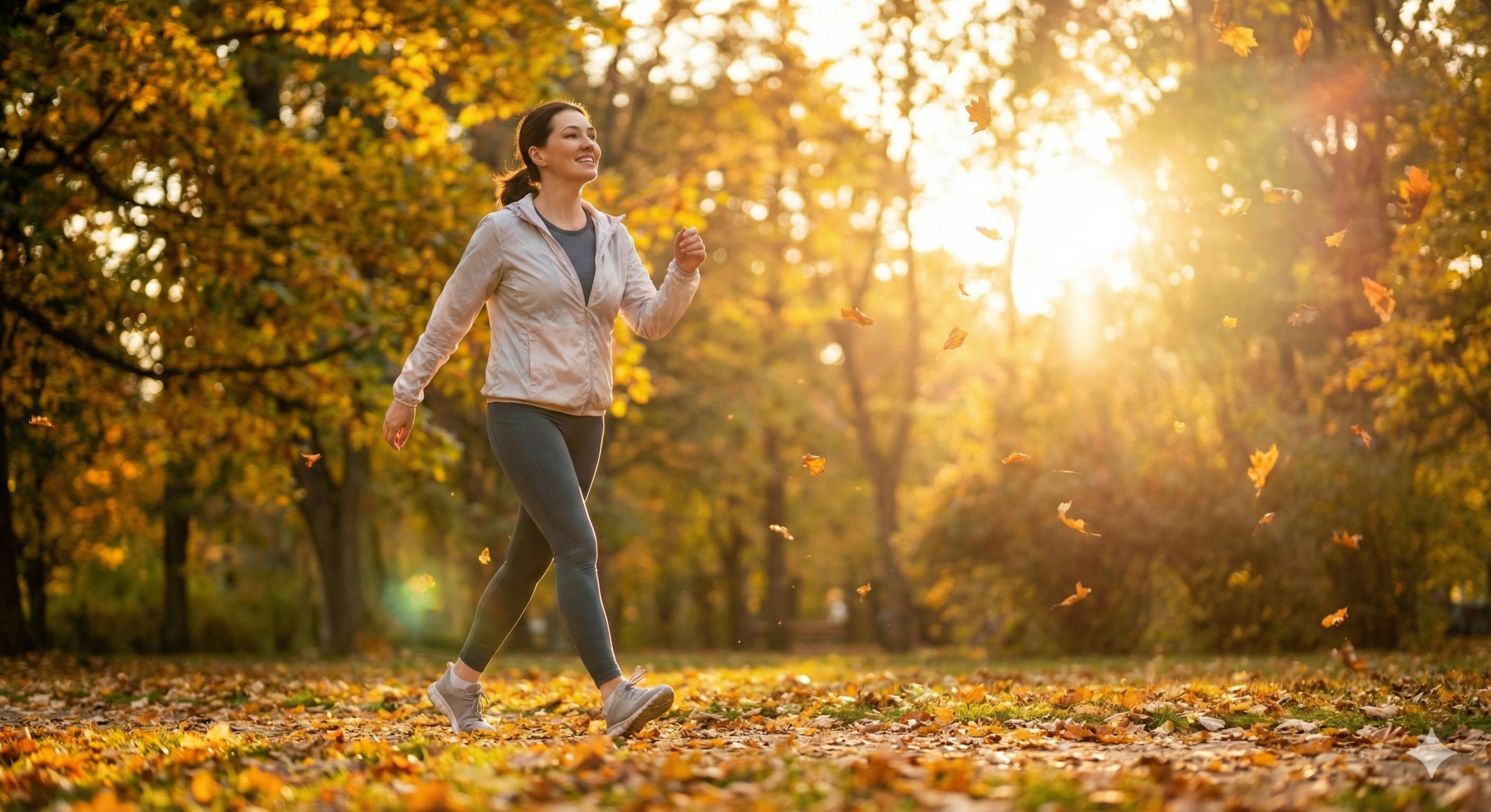 가을 공원을 걷기 운동을 하며 혈압 관리와 활력을 되찾는 우아한 중년 여성