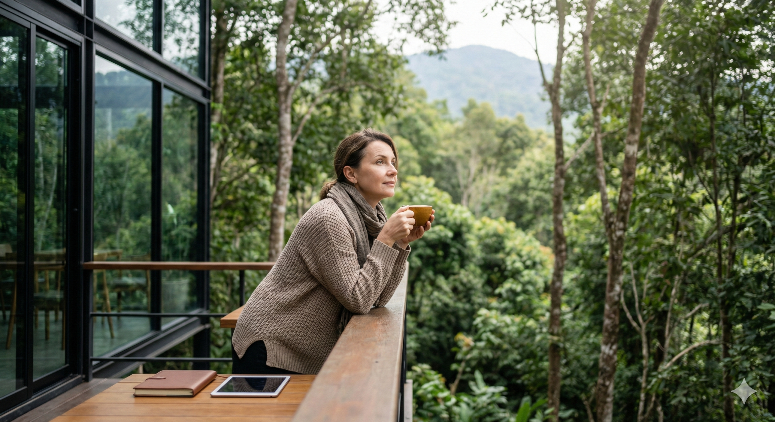 자연과 현대적 건축이 어우러진 카페 테라스에서 커피 한 잔을 들고 연금 생각으로 사색에 잠긴 지적인 여성의 우아한 모습.