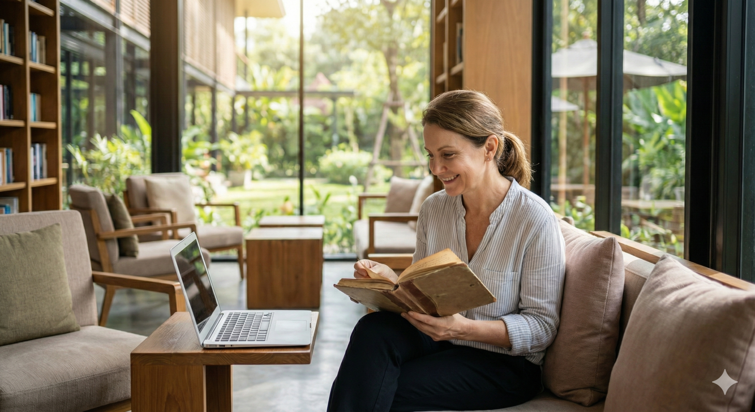 햇살이 내리쬐는 세련된 리조트 라이브러리에서 지난 기록을 되돌아보며 미소 짓는 지적인 여성과 옆에 놓인 노트북.