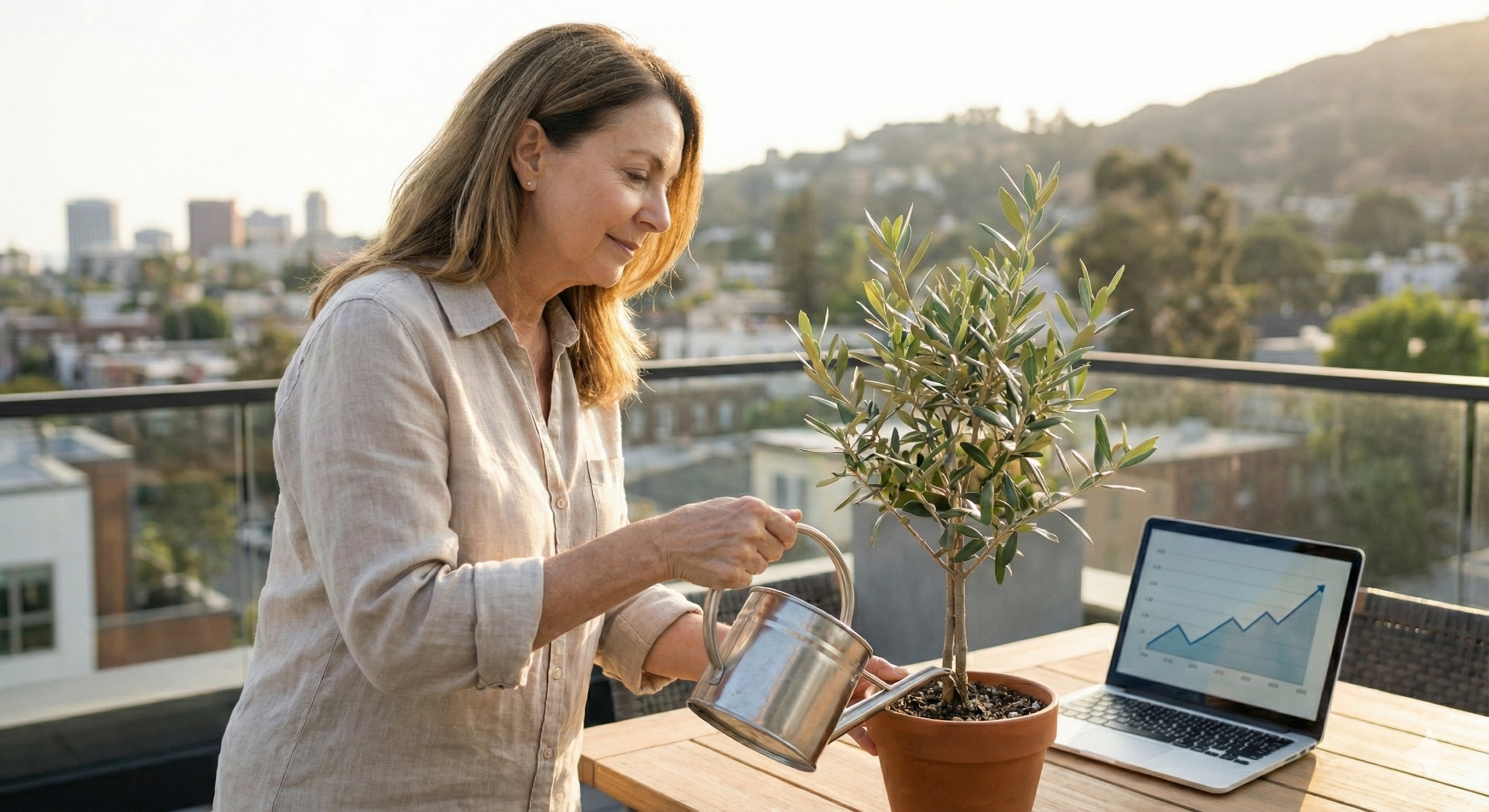 럭셔리한 테라스 발코니에서 올리브 나무를 가꾸며 디지털 자산의 성장을 확인하는 여유로운 모습의 여성.