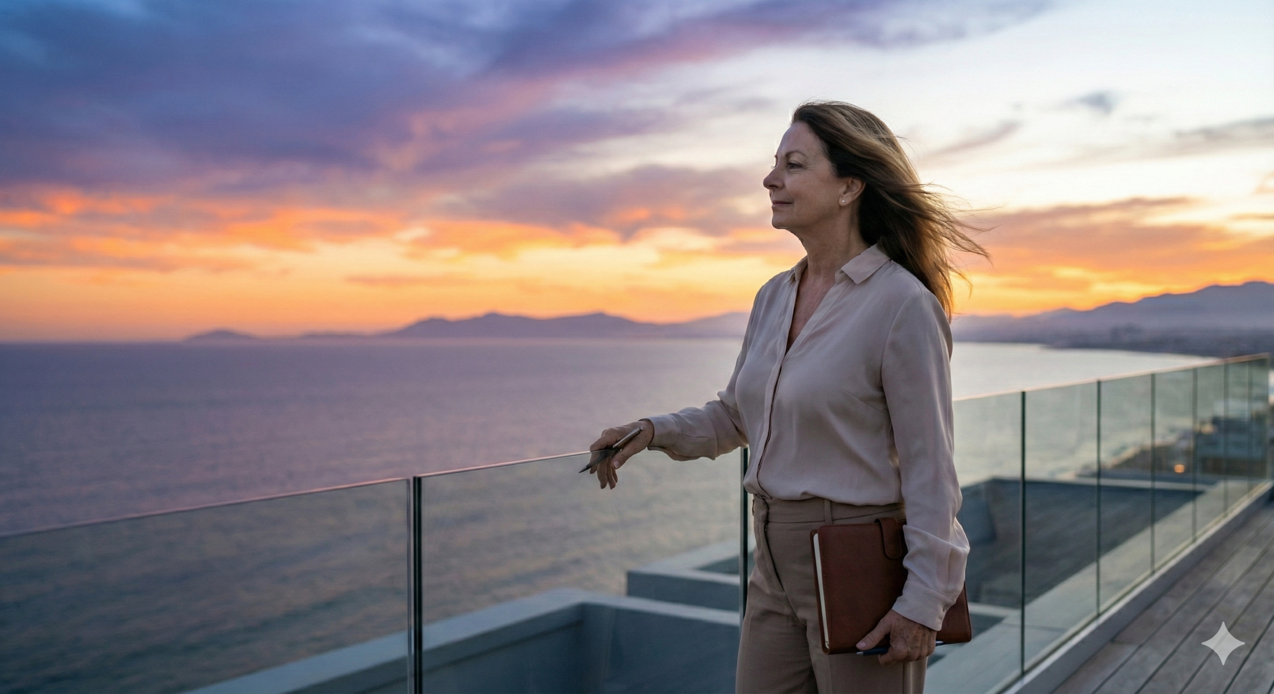 해 질 녘 웅장한 하늘을 배경으로 리조트 전망대 난간에 서서 희망찬 미래를 바라보는 자신감 넘치는 지적인 여성.