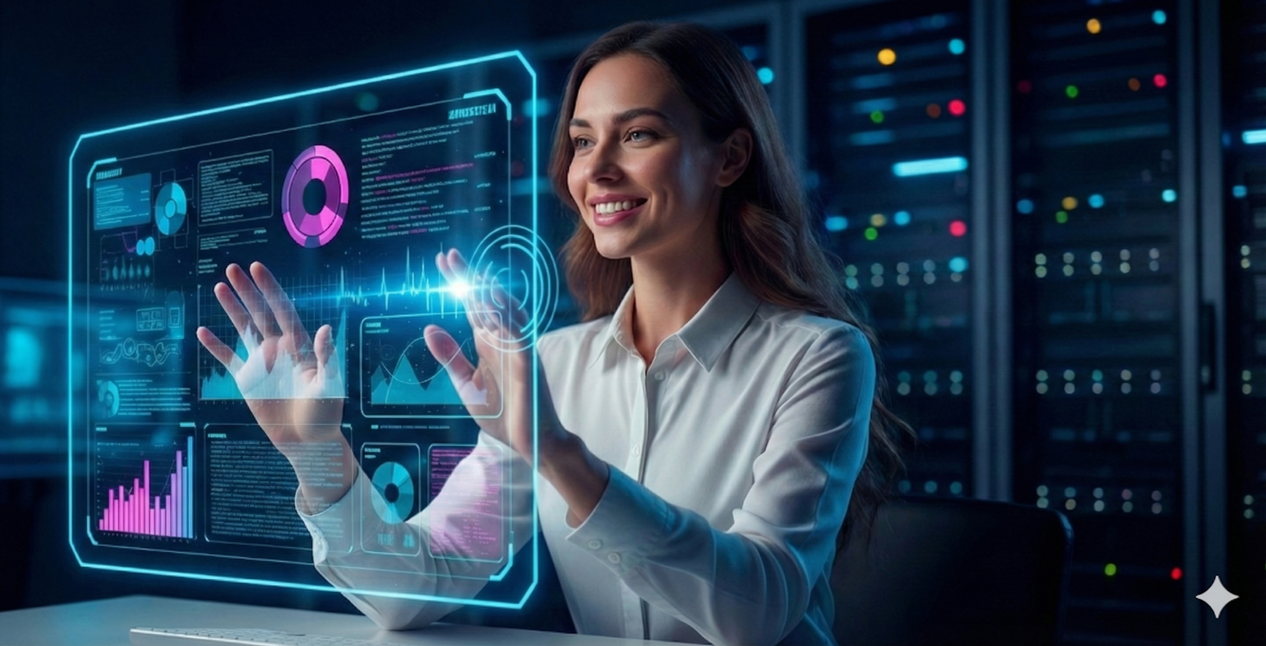 찬란한 미래를 위하여 투명한 스크린 위로 떠오른 AI 인터페이스와 상호 작용하며 일하는 20대 여성의 모습