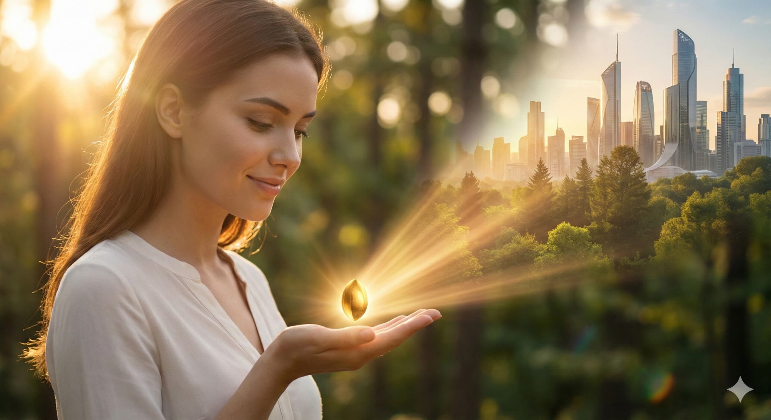 손바닥 위의 빛나는 씨앗을 바라보는 여성 모델, 배경에는 숲과 도시가 조화롭게 펼쳐져 있어 소액 투자가 가져올 풍요로운 미래를 상징함.
