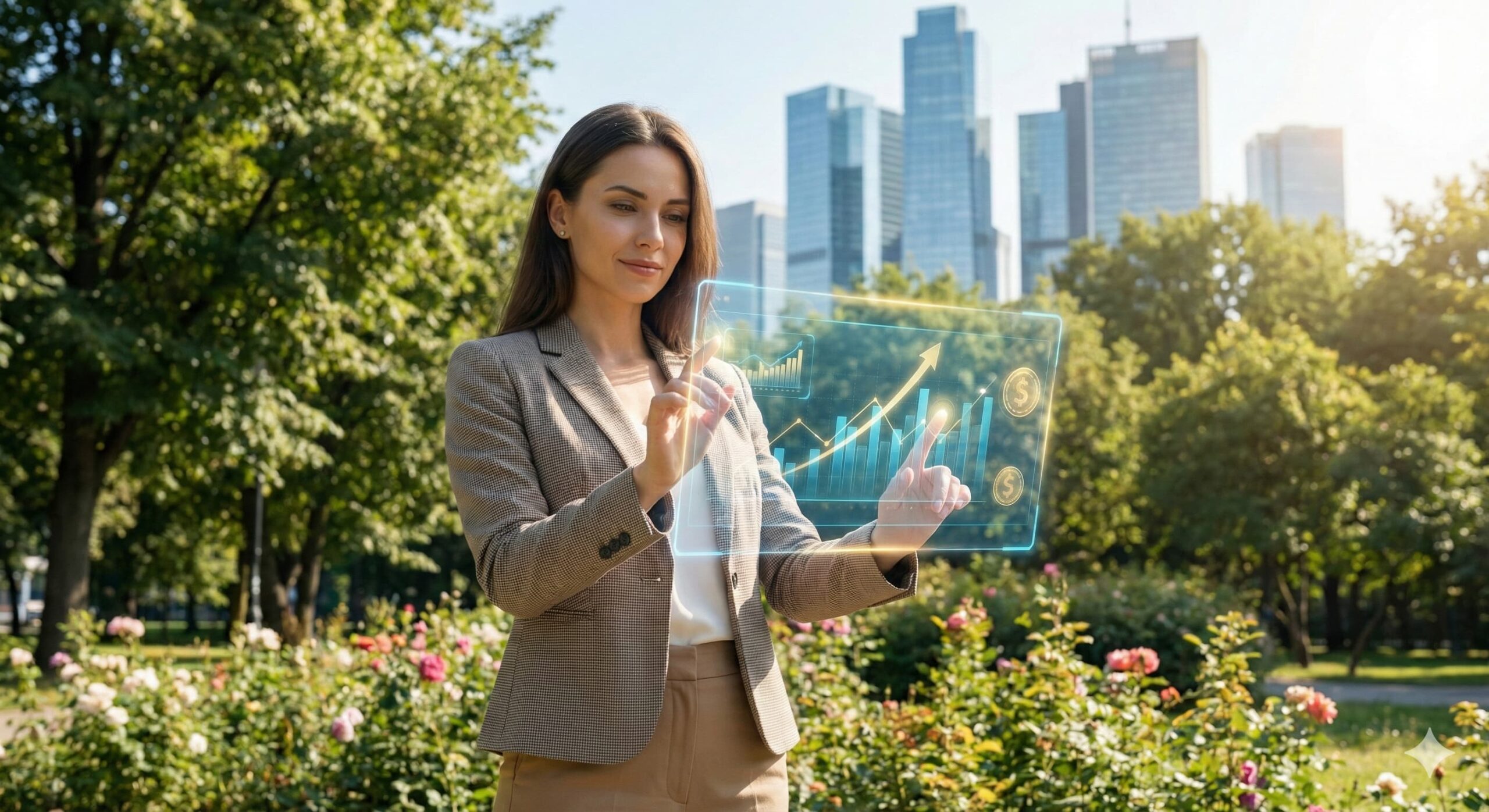 도심 공원에서 홀로그램 금융 그래프를 조작하는 여성, 자연스러운 일상 속에서 이루어지는 편리한 디지털 자산 관리를 묘사함.
