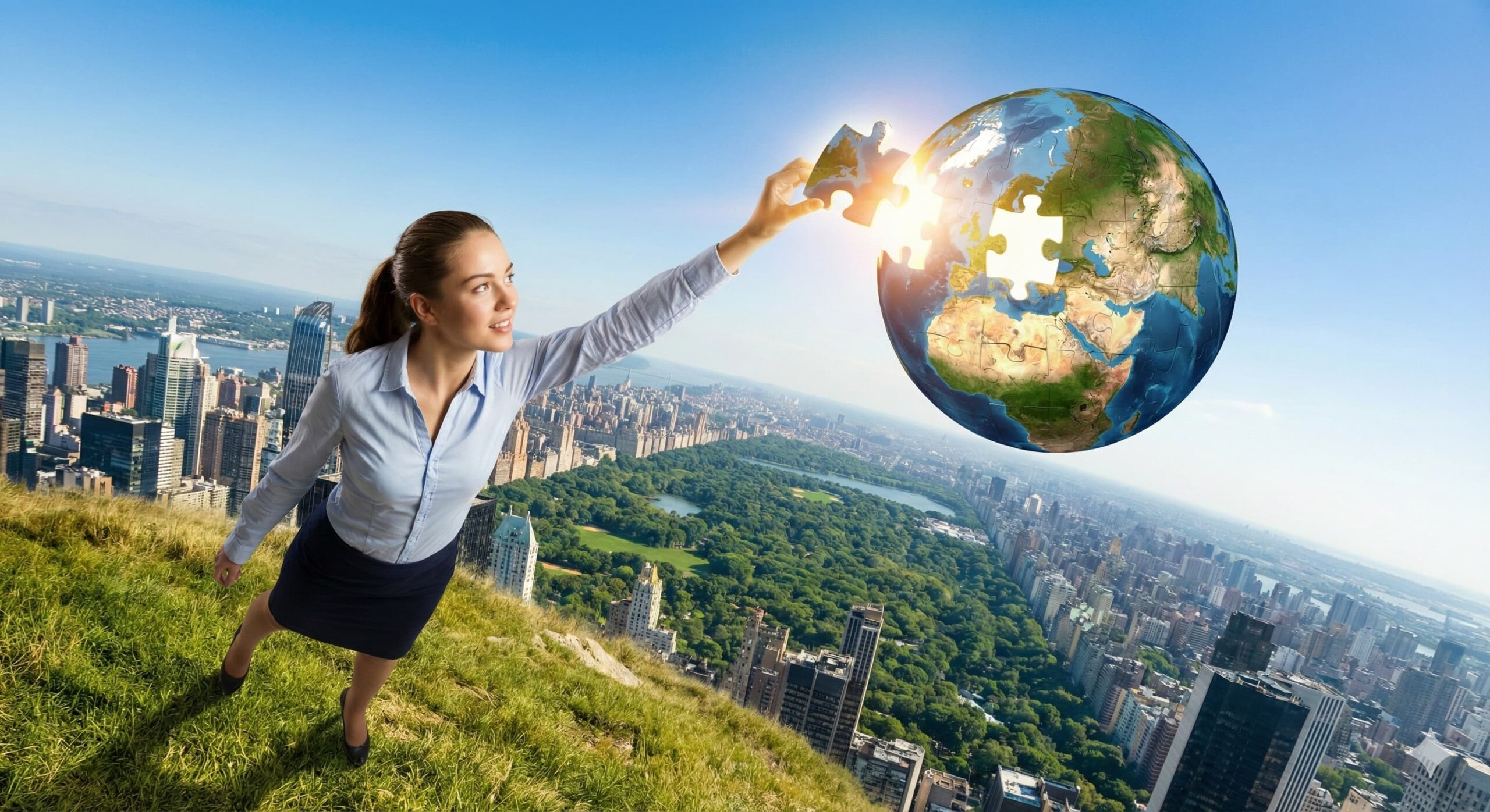공중에 떠 있는 지구본 퍼즐 조각을 선택하는 여성, 세계적인 기업의 주식을 소액으로 나누어 소유하는 주식 소수점 투자를 상징함.