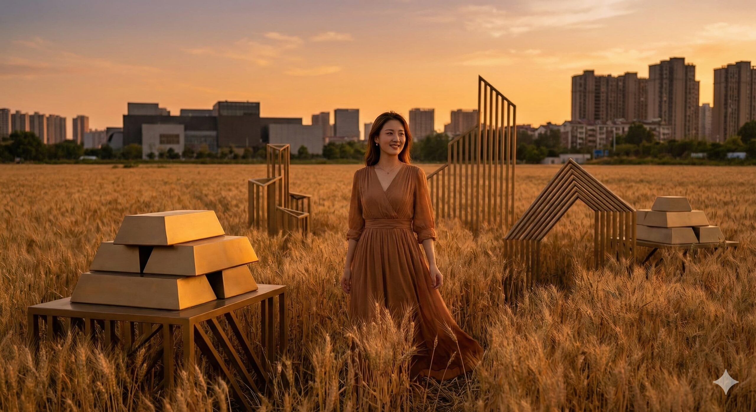 황금 빛 들판에서 금과 부동산을 상징하는 오브제와 함께 있는 여성, 실물 자산 투자와 재테크가 가져다줄 풍요로운 결실을 의미함.