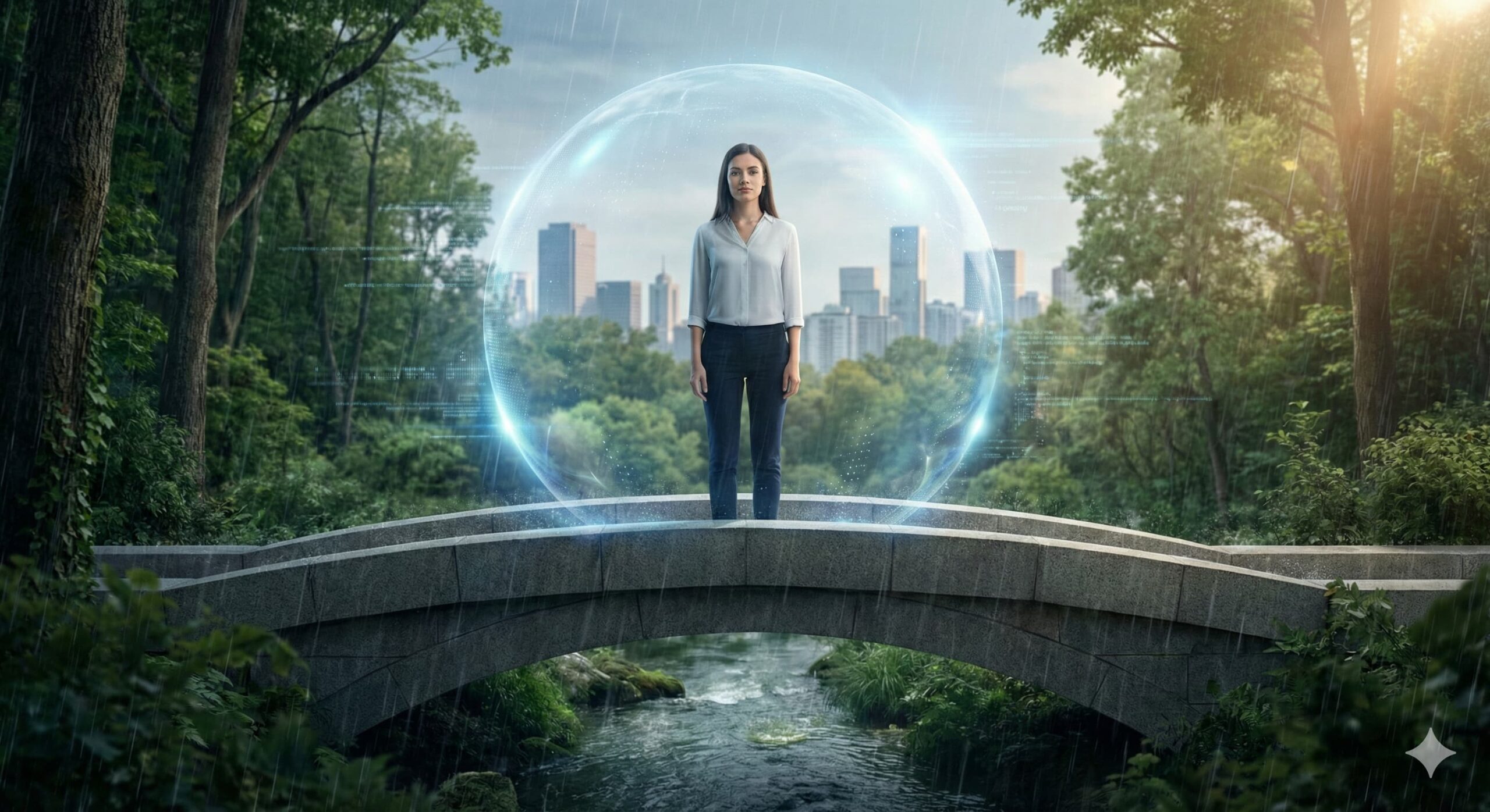 숲 속 돌 다리 위에서 빛나는 홀로그램 실드에 둘러싸여 안도하는 여성, 안전한 자산 관리와 투자 리스크 방어를 상징함.
