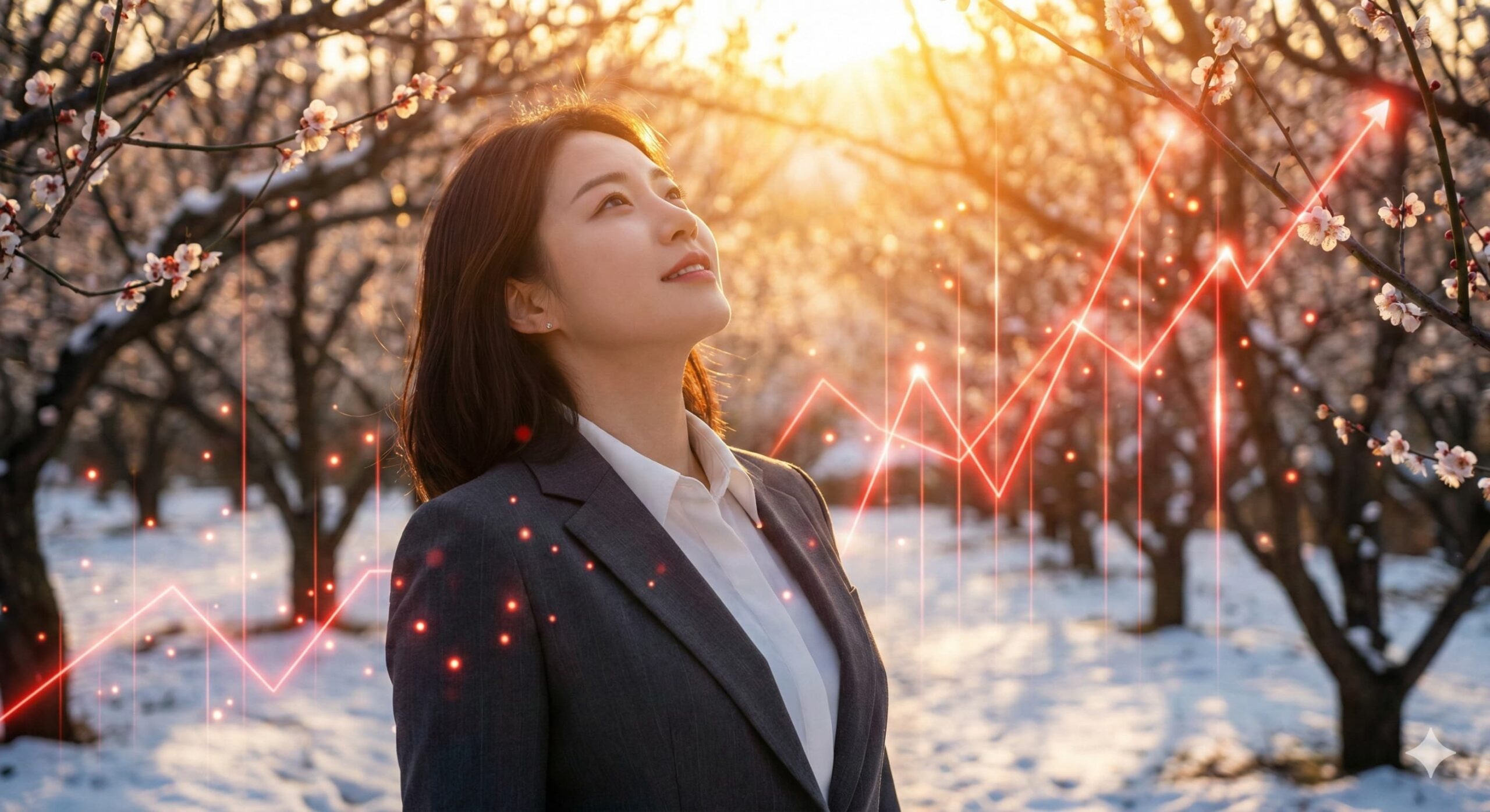 눈 덮인 가지 사이로 붉은 매화가 피어나고, 따스한 봄 햇살 아래 지적인 젊은 여성 모델이 한국 증시의 희망찬 표정으로 상승하는 빛의 입자들을 바라보는 모습.
