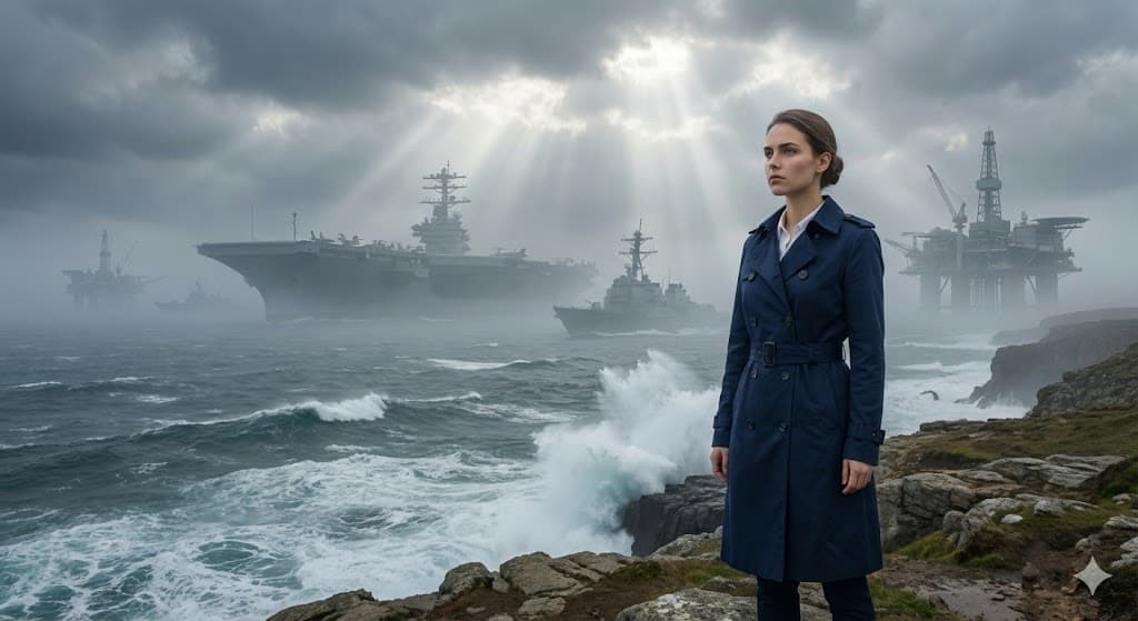 거친 바다 앞에서도 굳건하게 서서 글로벌 투자 공급 망의 신뢰를 보여주는 여성 모델.