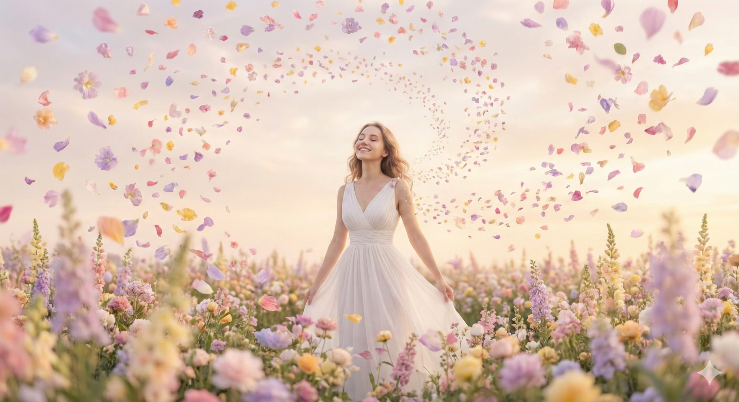 꽃잎이 흩날리는 정원에서 K-컬처의 글로벌 확산을 표현하는 아름다운 여성 모델.