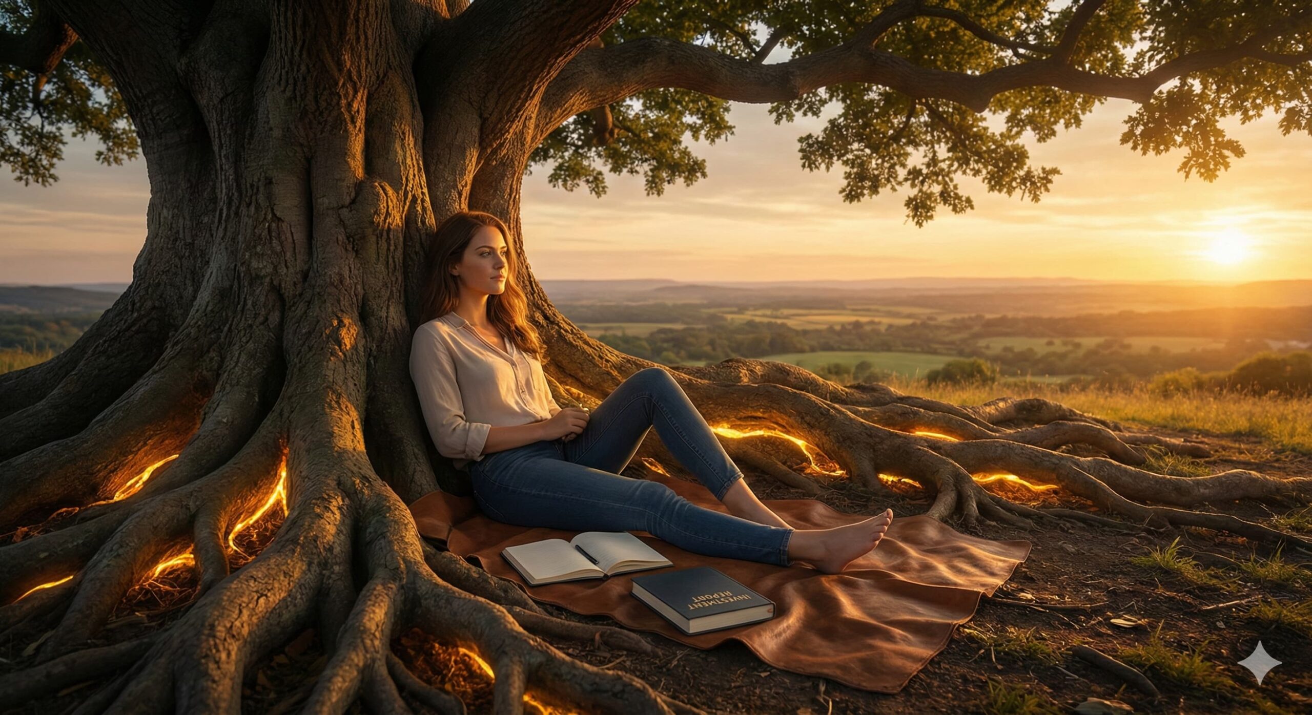 황금 빛 뿌리를 가진 거대한 나무 아래서 한국 경제의 굳건한 펀더멘털을 상징하는 여성 모델.