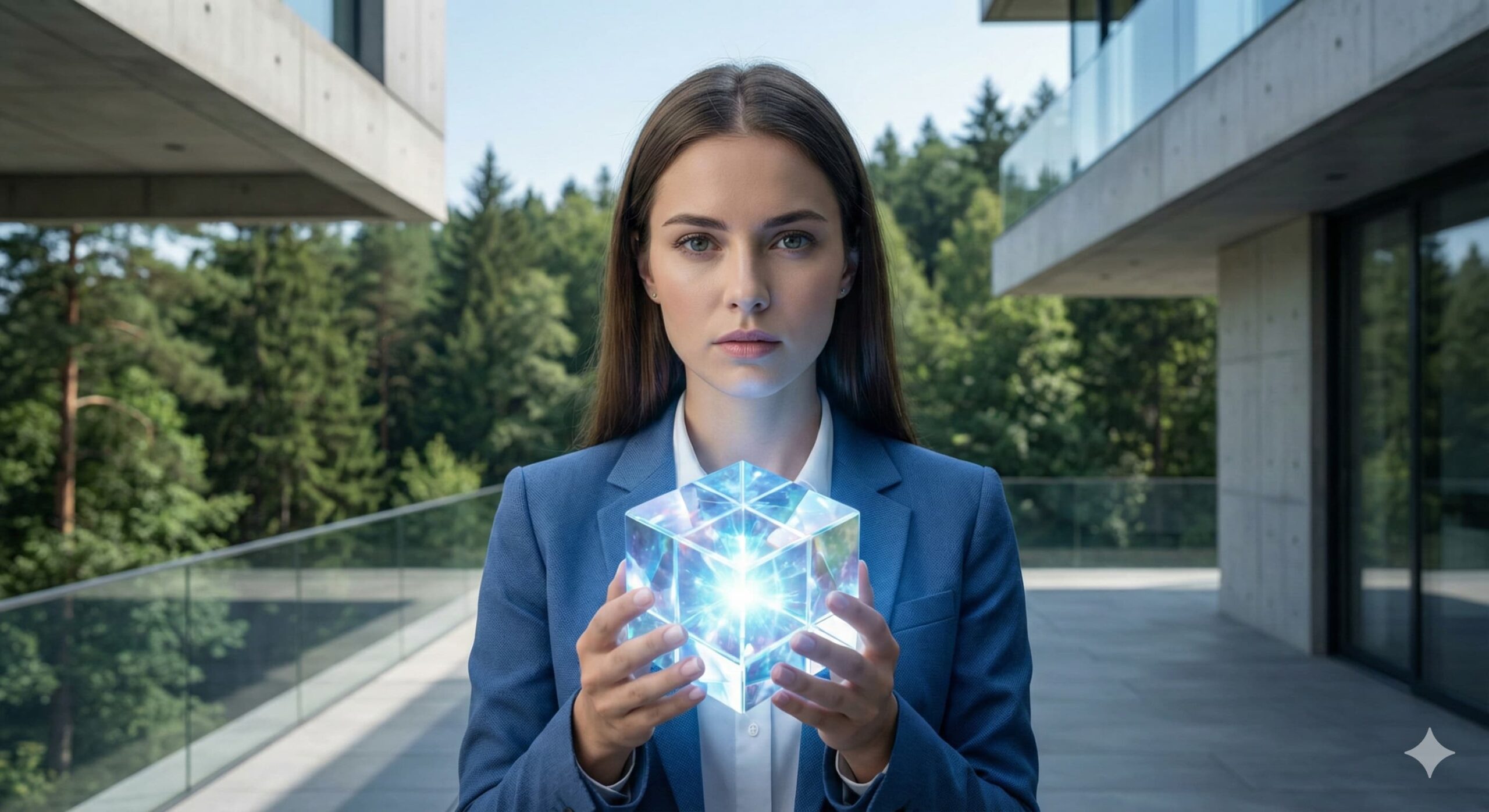 빛나는 큐브를 들고 기업의 내재 가치를 분석하는 듯한 여성 모델, 기업 밸류업 프로그램과 코리아 디스카운트 해소 상징 이미지.