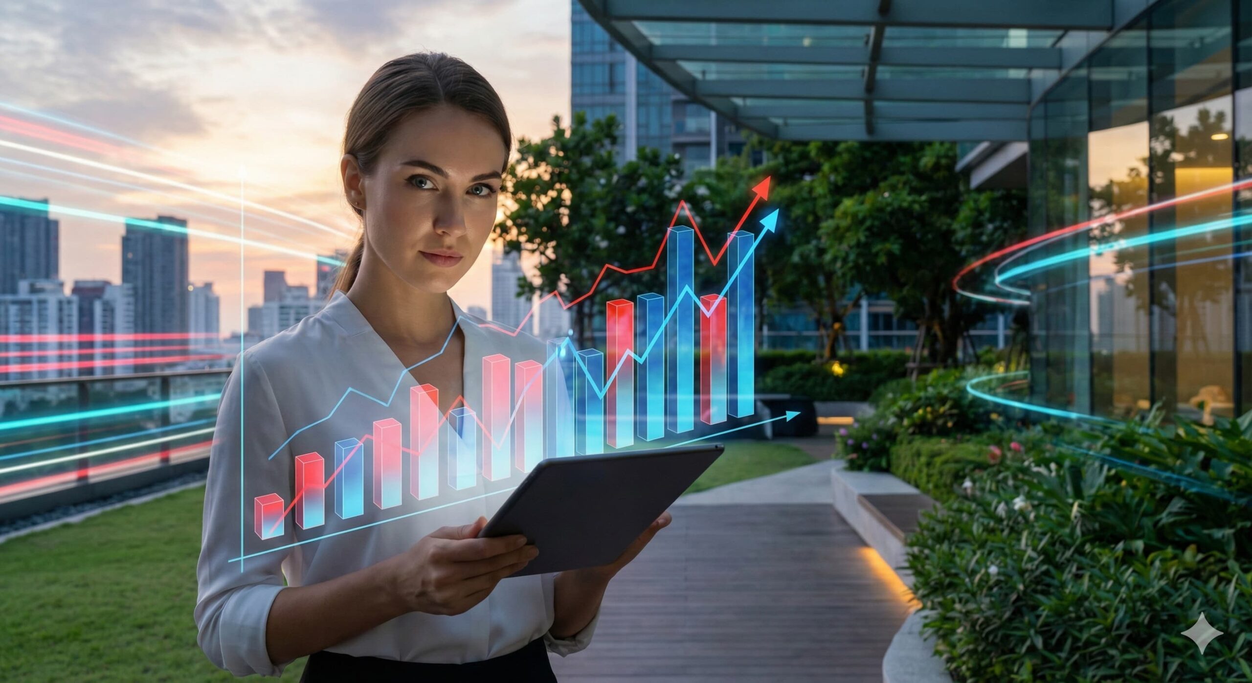 증강현실 데이터 차트와 함께 있는 분석적인 표정의 여성 모델, 한국 증시 PBR 저평가 분석과 데이터 비교 시각화.