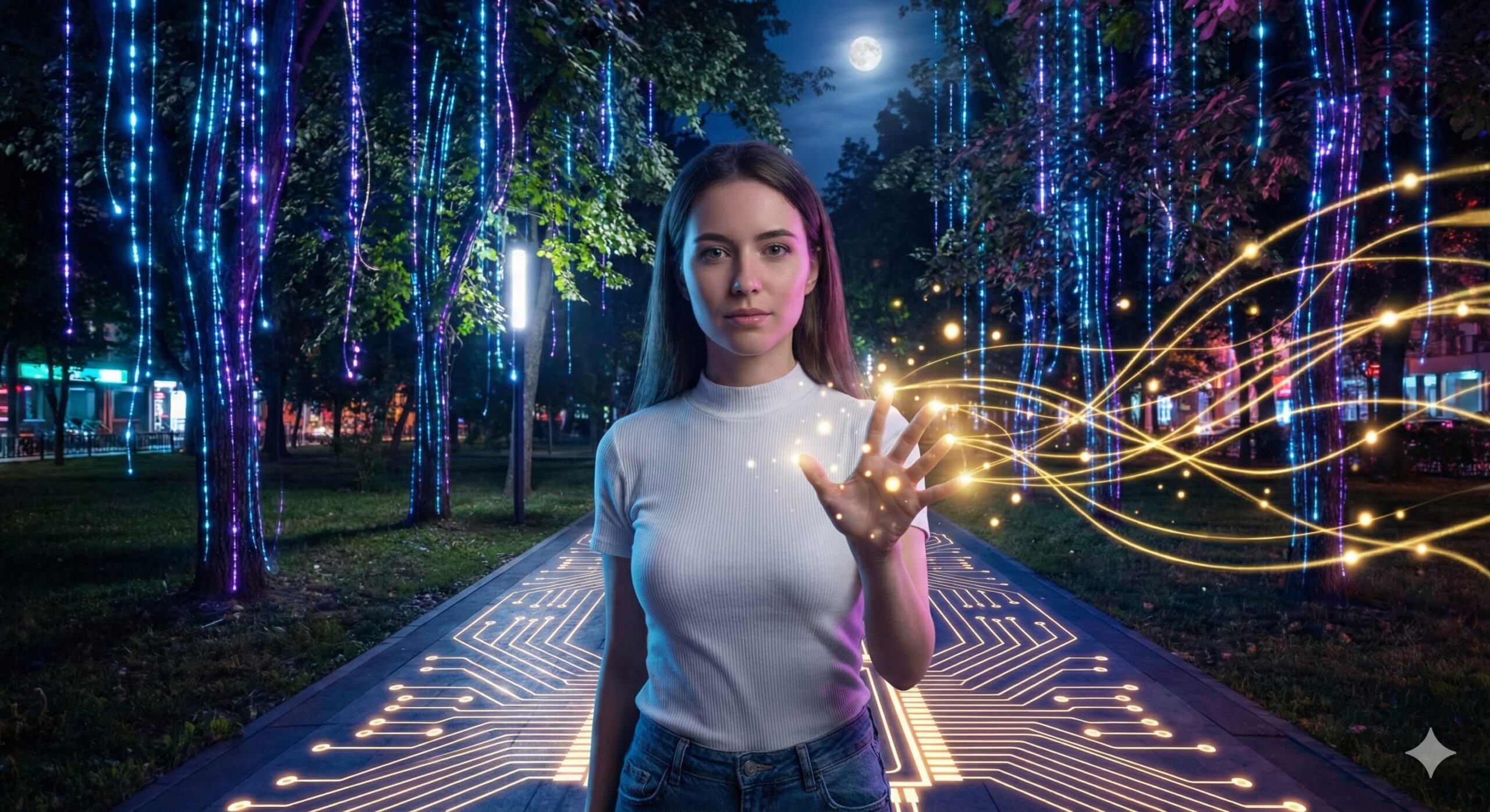 반도체 회로와 AI 신경망 빛을 다루는 여성 모델, 반도체 산업의 부활과 AI 시대의 도래를 상징하는 이미지.
