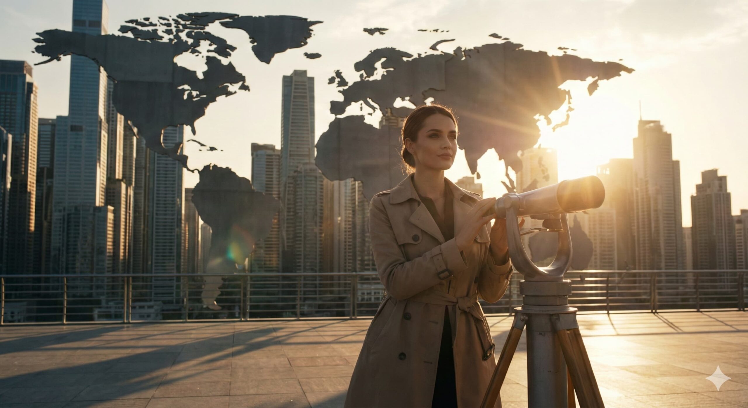 망원경으로 시장을 관망하며 기회를 포착하는 여성 모델, 외국인 투자자의 귀환과 글로벌 자금 유입 상징.