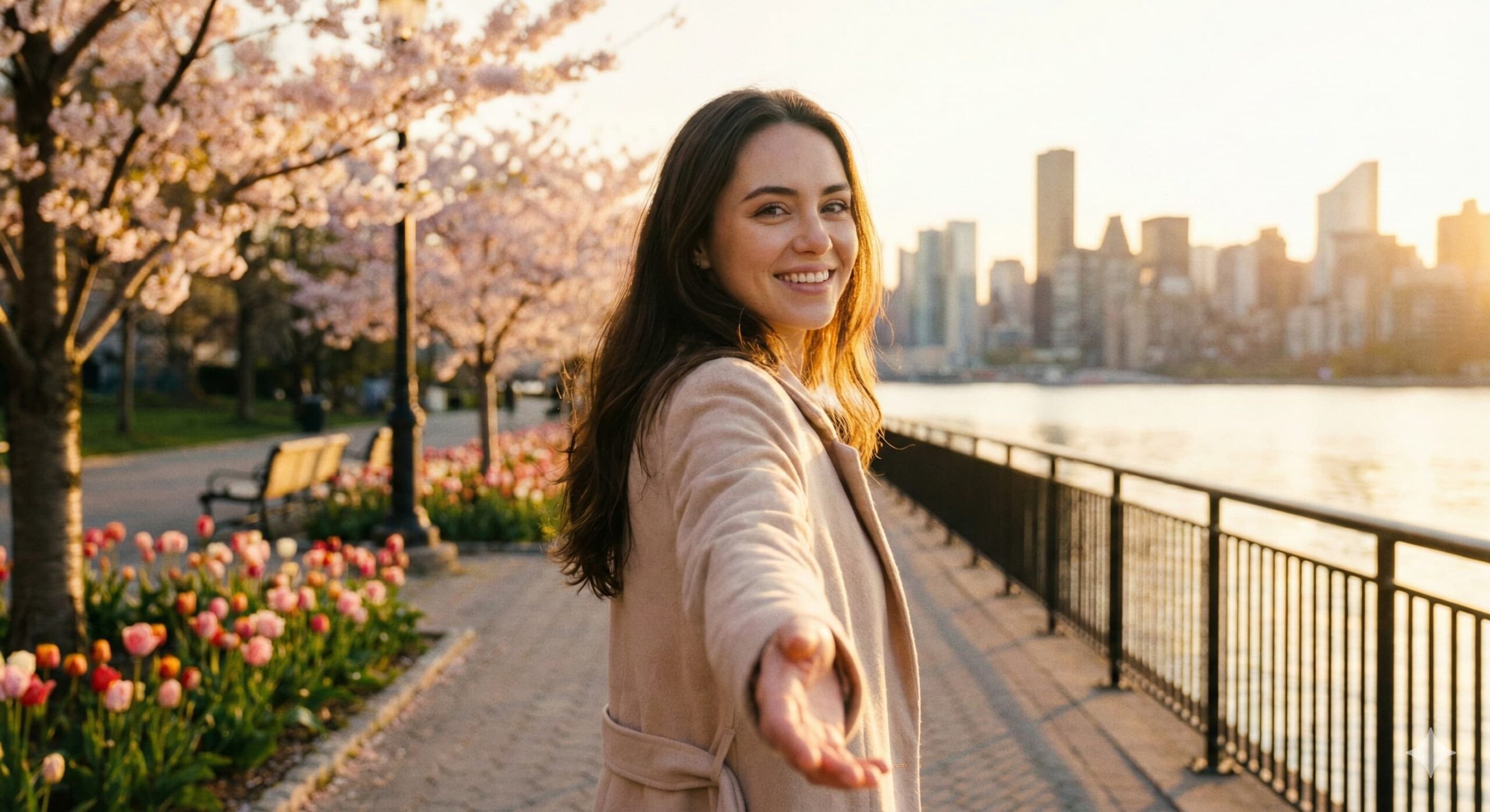 노을 진 강변 꽃길을 걸으며 손을 내미는 여성 모델, 성공적인 투자와 편안한 동행을 약속하는 결론 이미지.