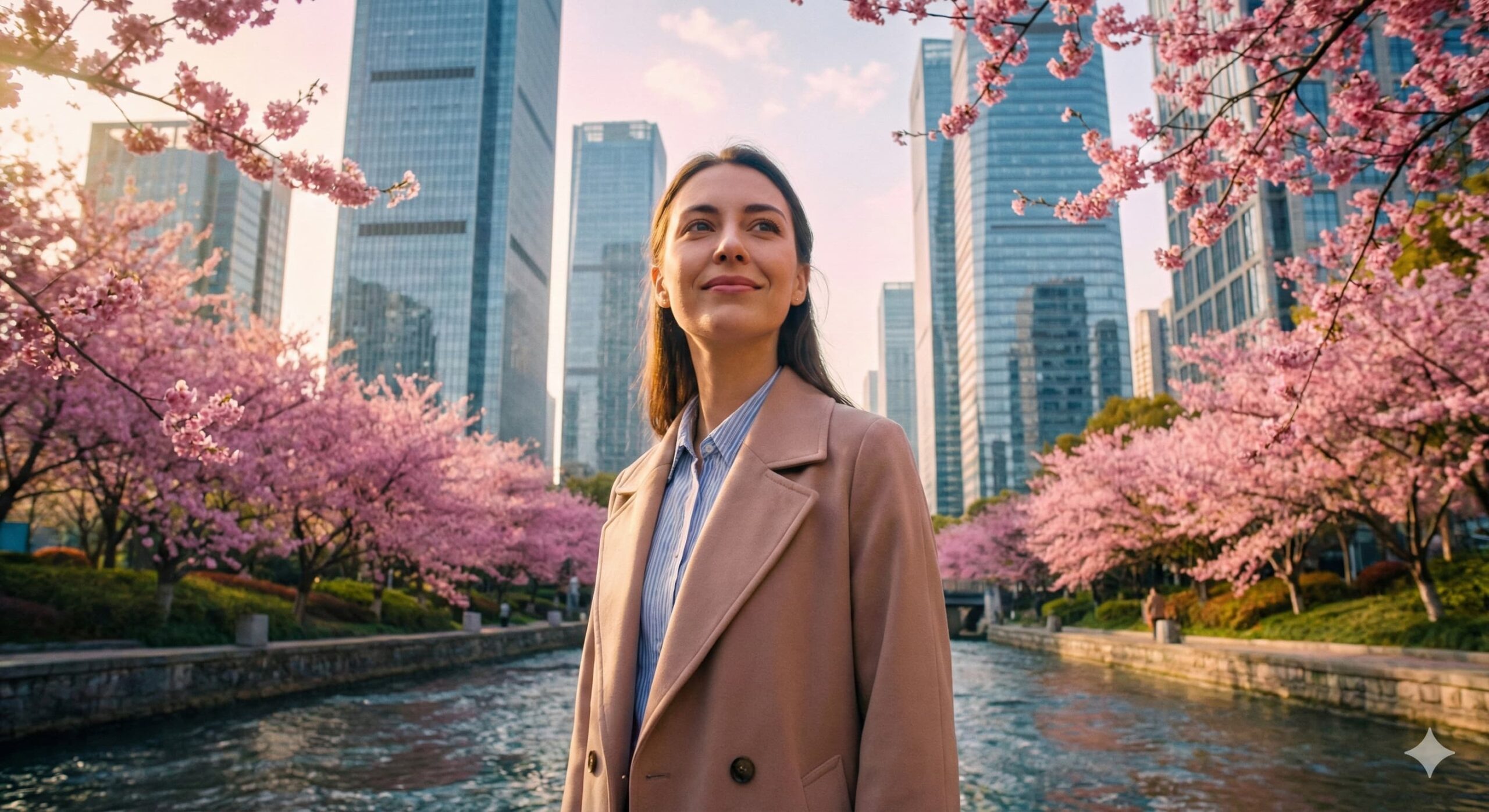 현대적인 도시와 벚꽃이 어우러진 배경에서 자신감 있게 미소 짓는 여성, 주식 시장 상승장과 봄의 시작을 상징하는 썸네일 이미지.